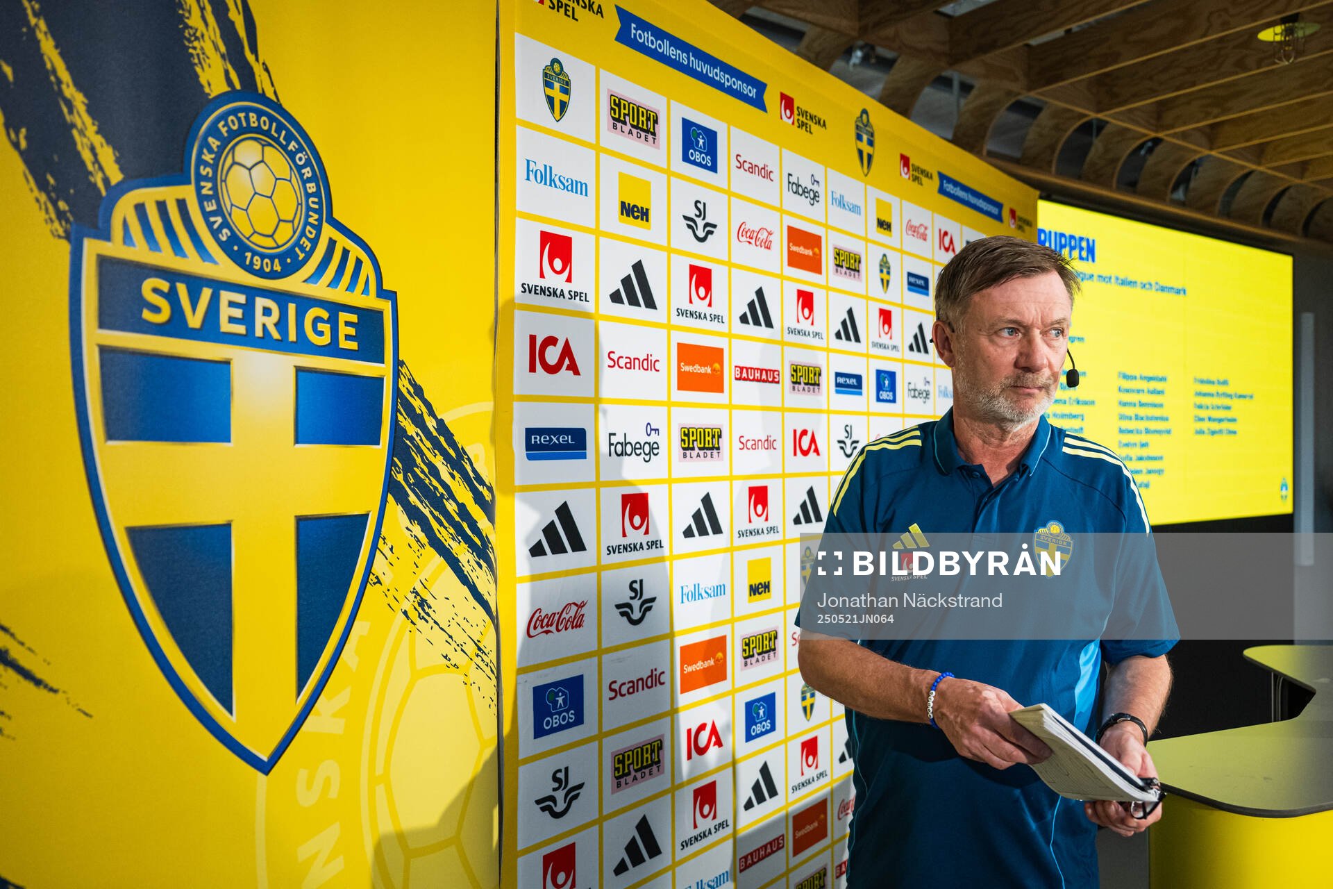 Head coach Peter Gerhardsson of the Swedish women's national football team at a press conference on May 21, 2025 in Stockholm. 