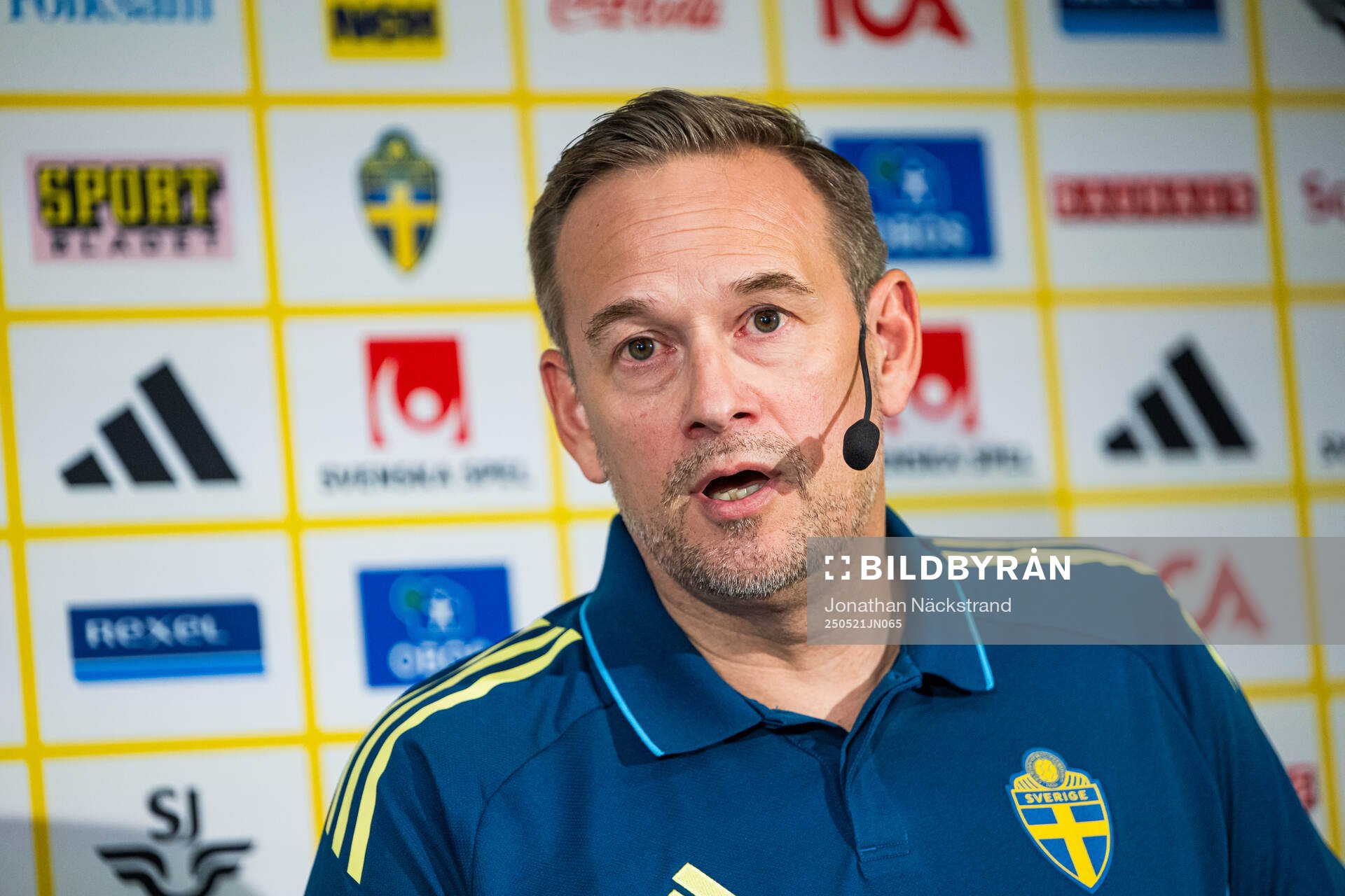 Head coach Martin Qvarmans Möller of the Swedish women's u23 national football team at a press conference on May 21, 2025 in Stockholm.