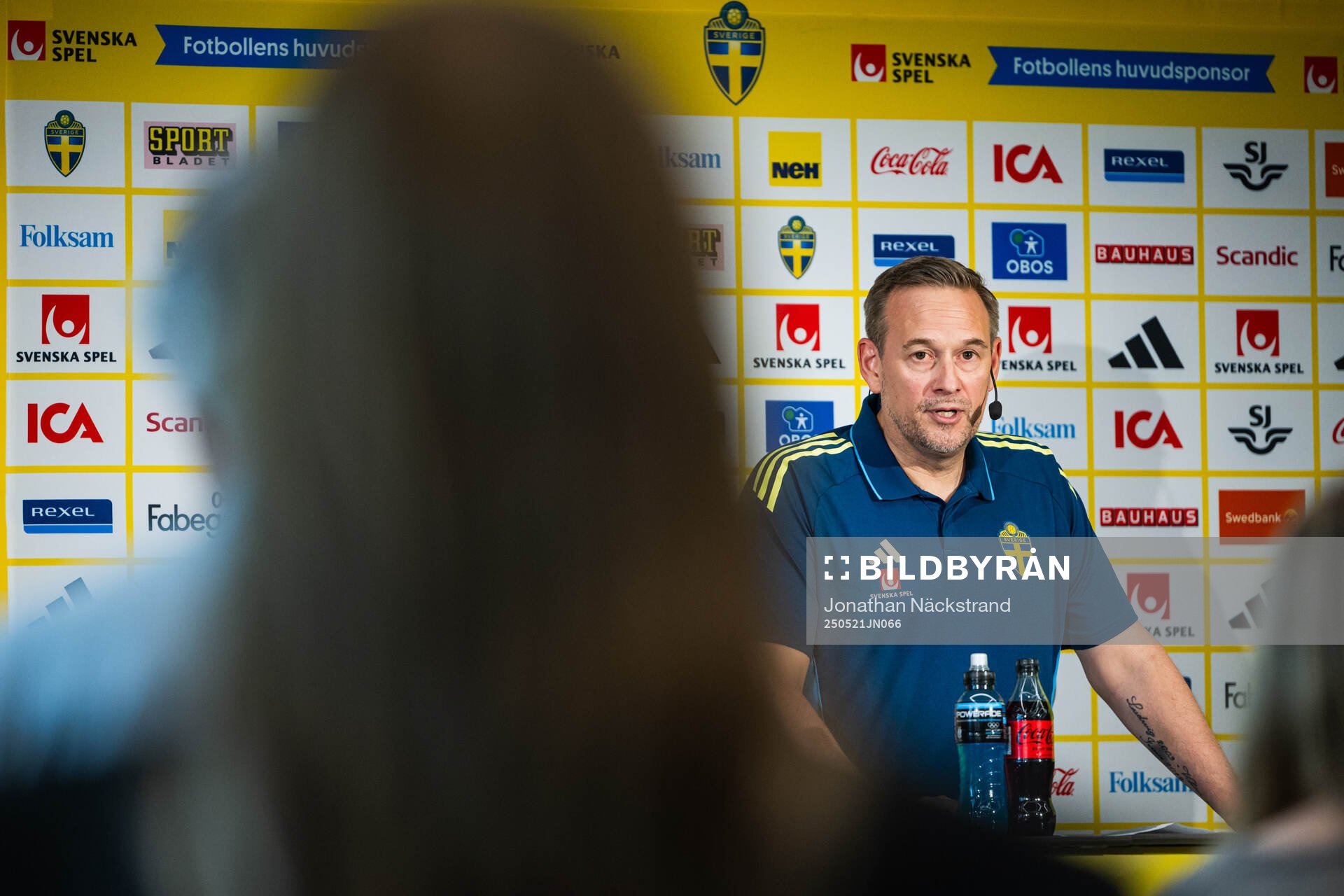 Head coach Martin Qvarmans Möller of the Swedish women's u23 national football team at a press conference on May 21, 2025 in Stockholm.