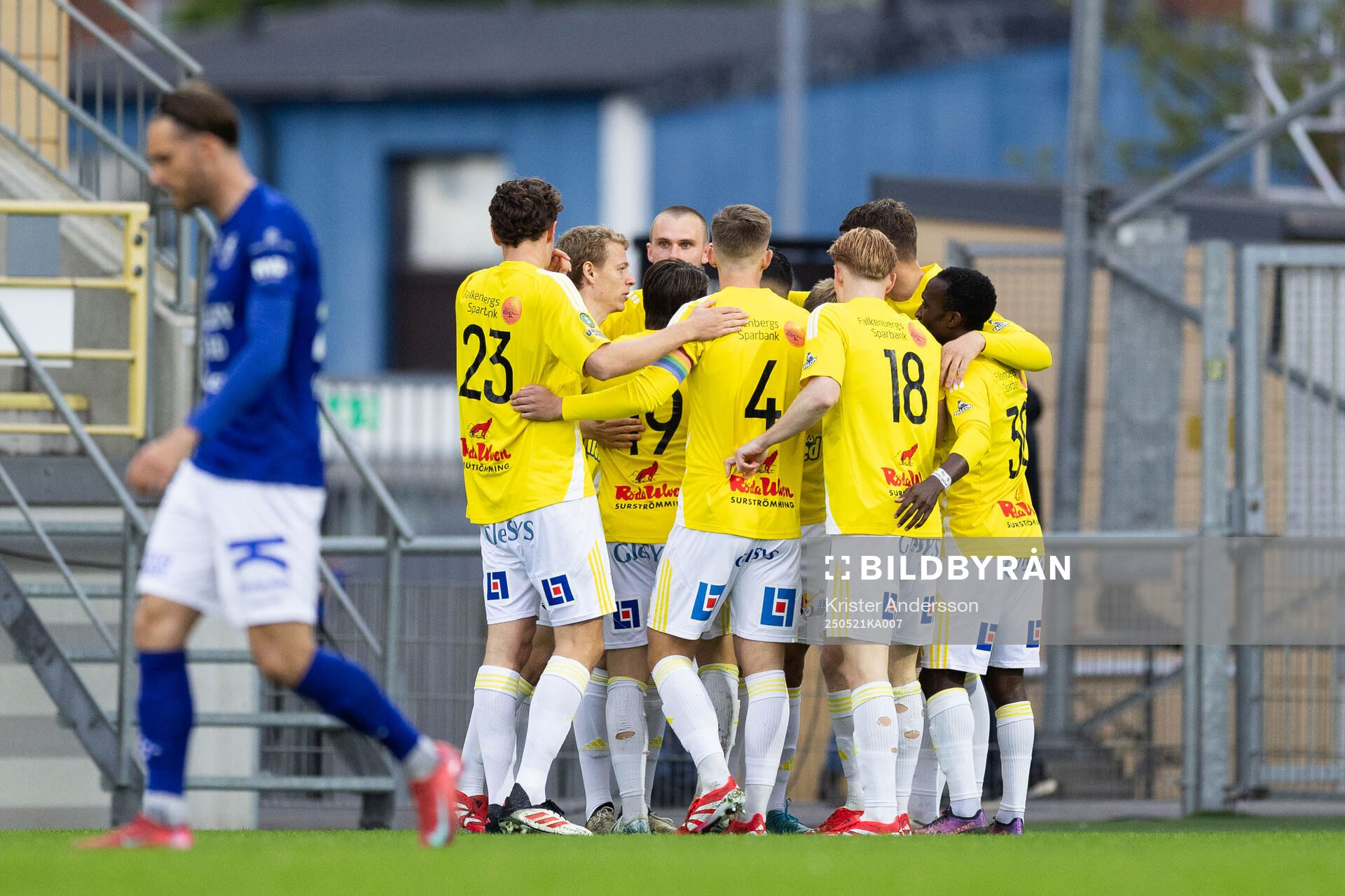 Falkenbergs Lucas Sibelius jublar med lagkamrater efter 1-0 under fotbollsmatchen i Superettan mellan Falkenberg och Trelleborg den 21 maj 2025 i Falkenberg.