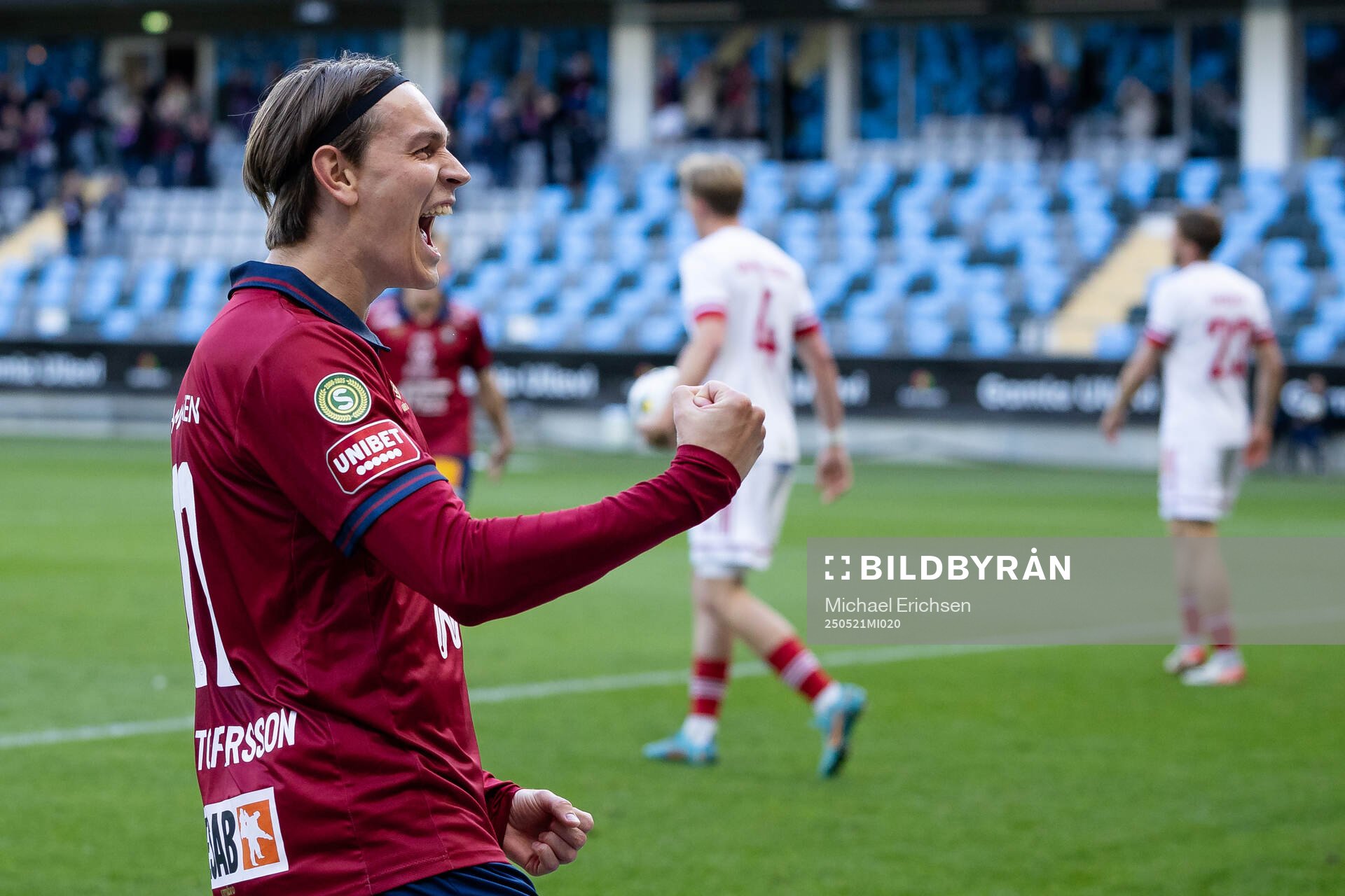 Örgrytes Noah Christoffersson jublar efter 3-0 under fotbollsmatchen i Superettan mellan Örgryte och Sandvikens IF den 21 maj 2025 i Göteborg.