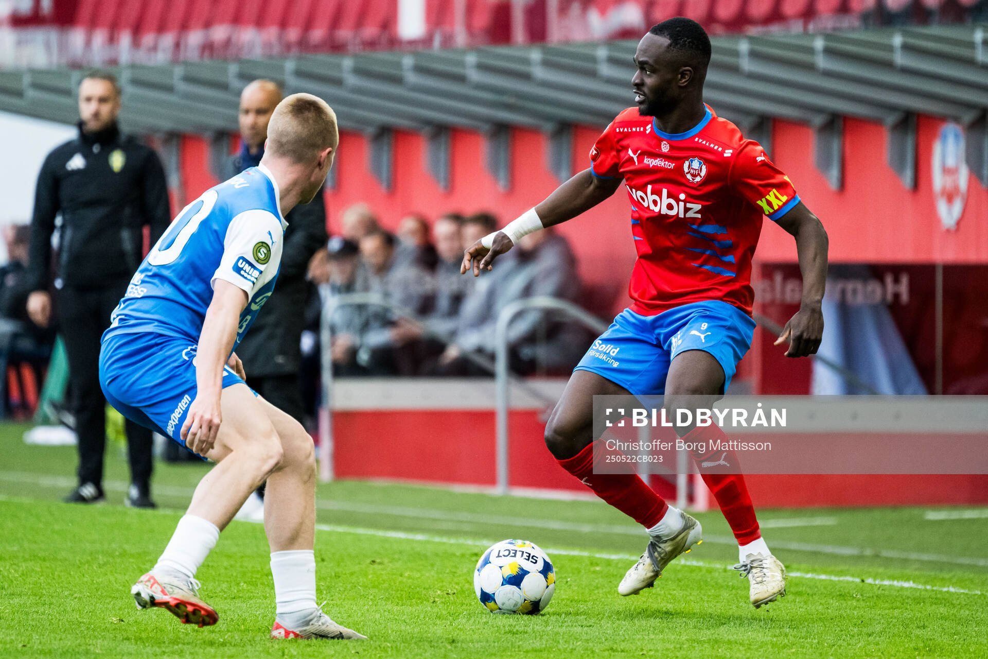 Helsingborgs Adam Akimey under fotbollsmatchen i Superettan mellan Helsingborg och Oddevold den 22 maj 2025 i Helsingborg. 