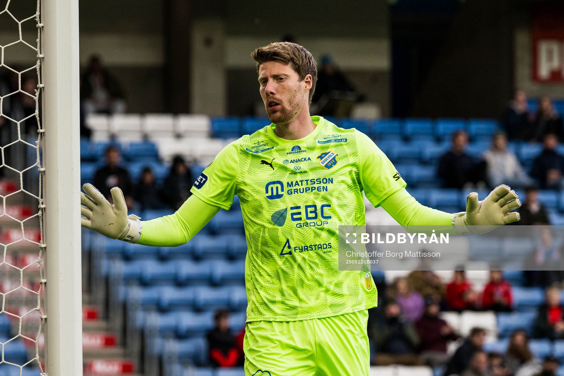 Oddevolds målvakt Morten Sætra under fotbollsmatchen i Superettan mellan Helsingborg och Oddevold den 22 maj 2025 i Helsingborg.