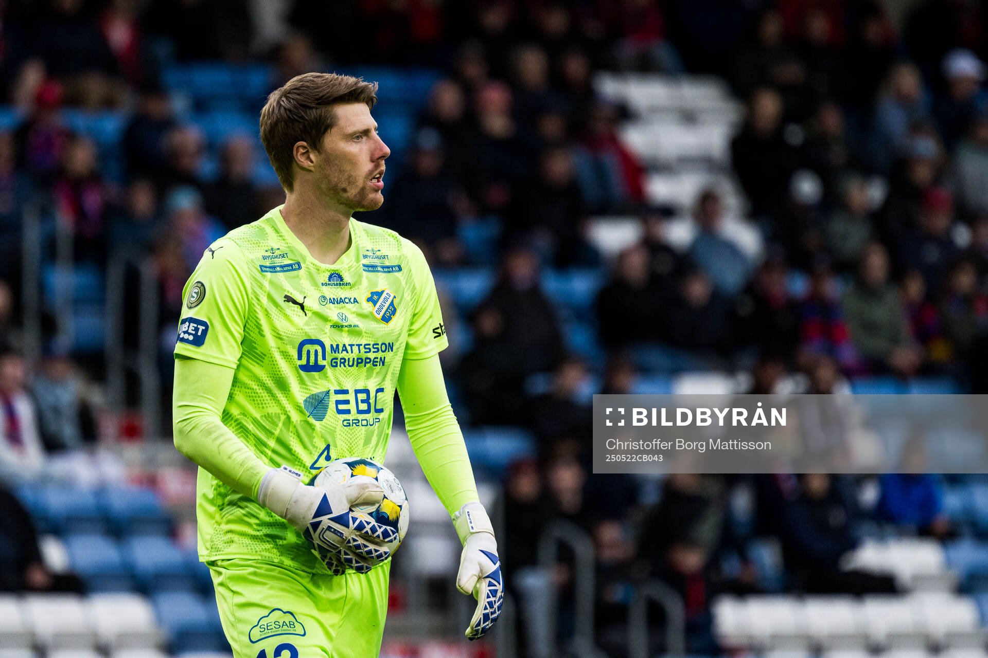 Oddevolds målvakt Morten Sætra under fotbollsmatchen i Superettan mellan Helsingborg och Oddevold den 22 maj 2025 i Helsingborg.