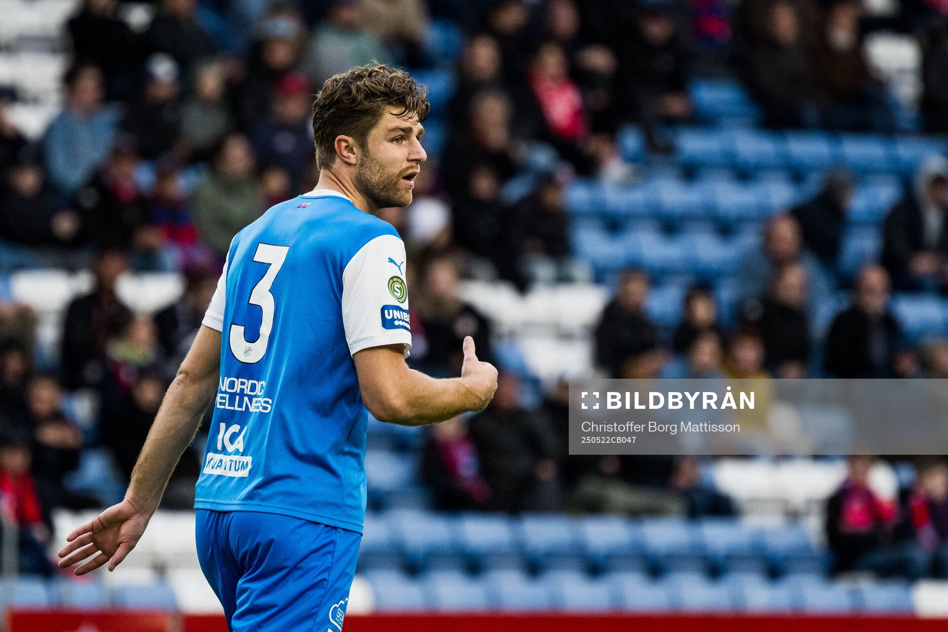 Oddevolds Erik Hedenquist under fotbollsmatchen i Superettan mellan Helsingborg och Oddevold den 22 maj 2025 i Helsingborg.