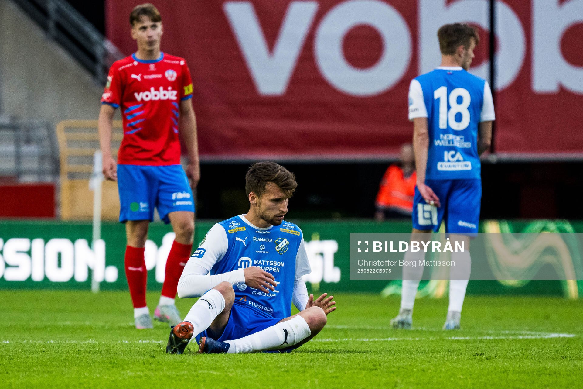 Oddevolds Rasmus Wiedesheim-Paul under fotbollsmatchen i Superettan mellan Helsingborg och Oddevold den 22 maj 2025 i Helsingborg.