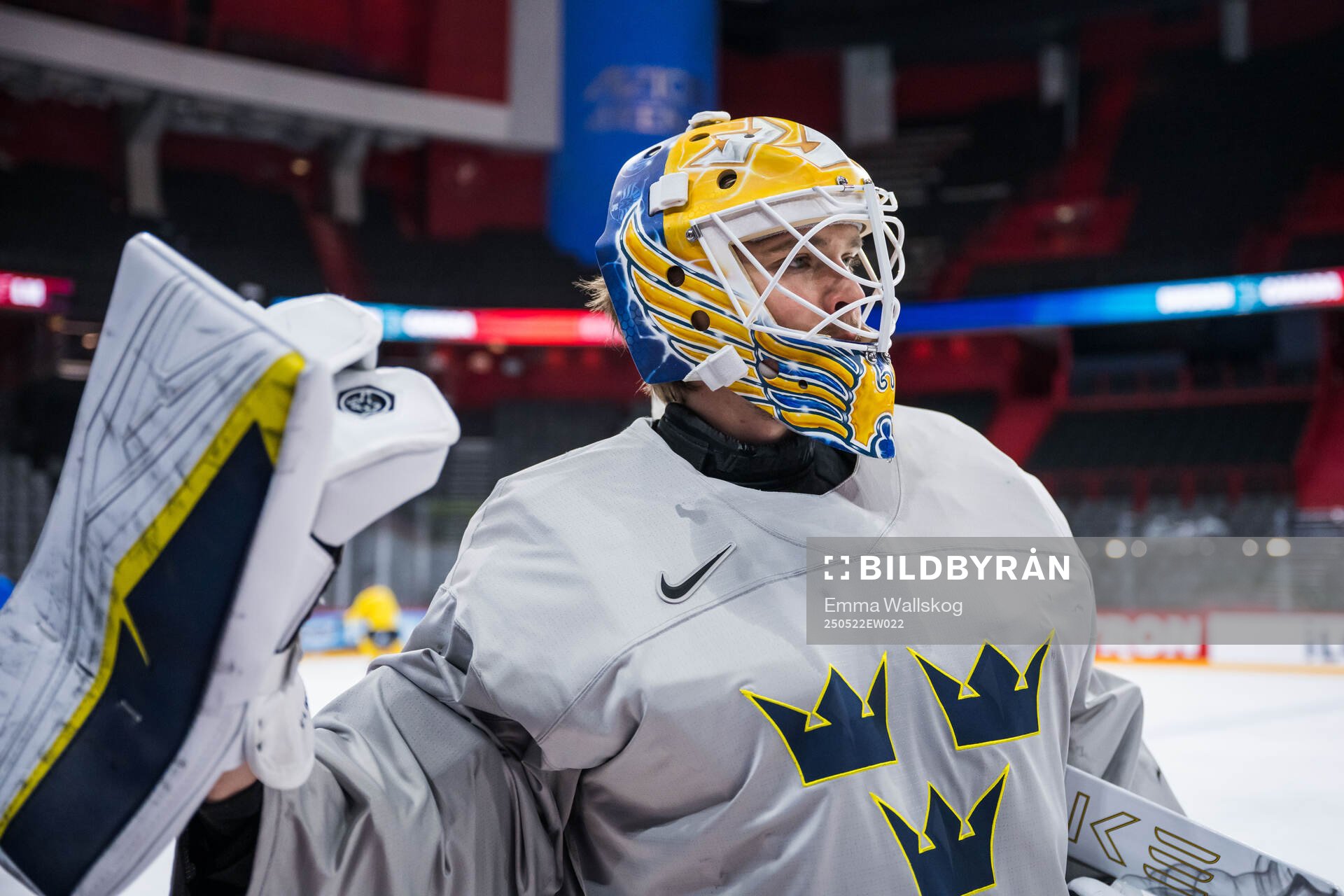 Goaltender Arvid Söderblom of Sweden at a practice session