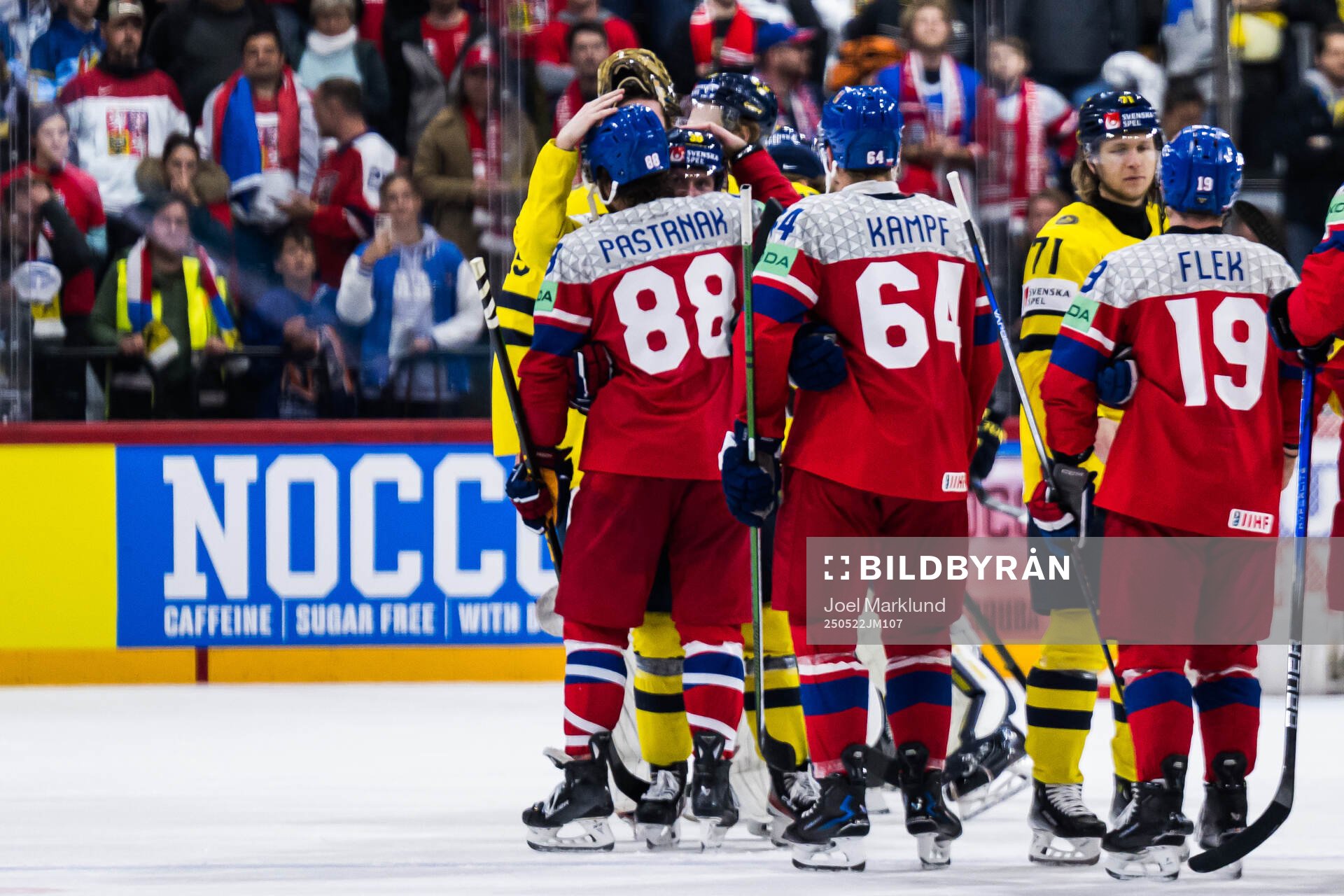 David Pastrnak of Czech Republic and Rasmus Sandin of Sweden