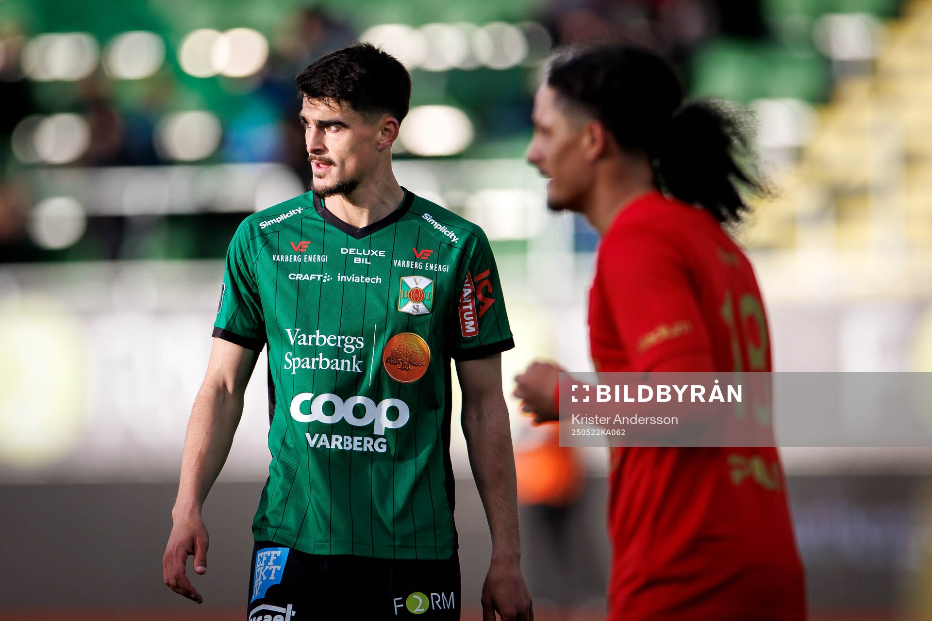 Varbergs Marc Ante Tokich under fotbollsmatchen i Superettan mellan Varberg och Landskrona den 22 maj 2025 i Varberg. 