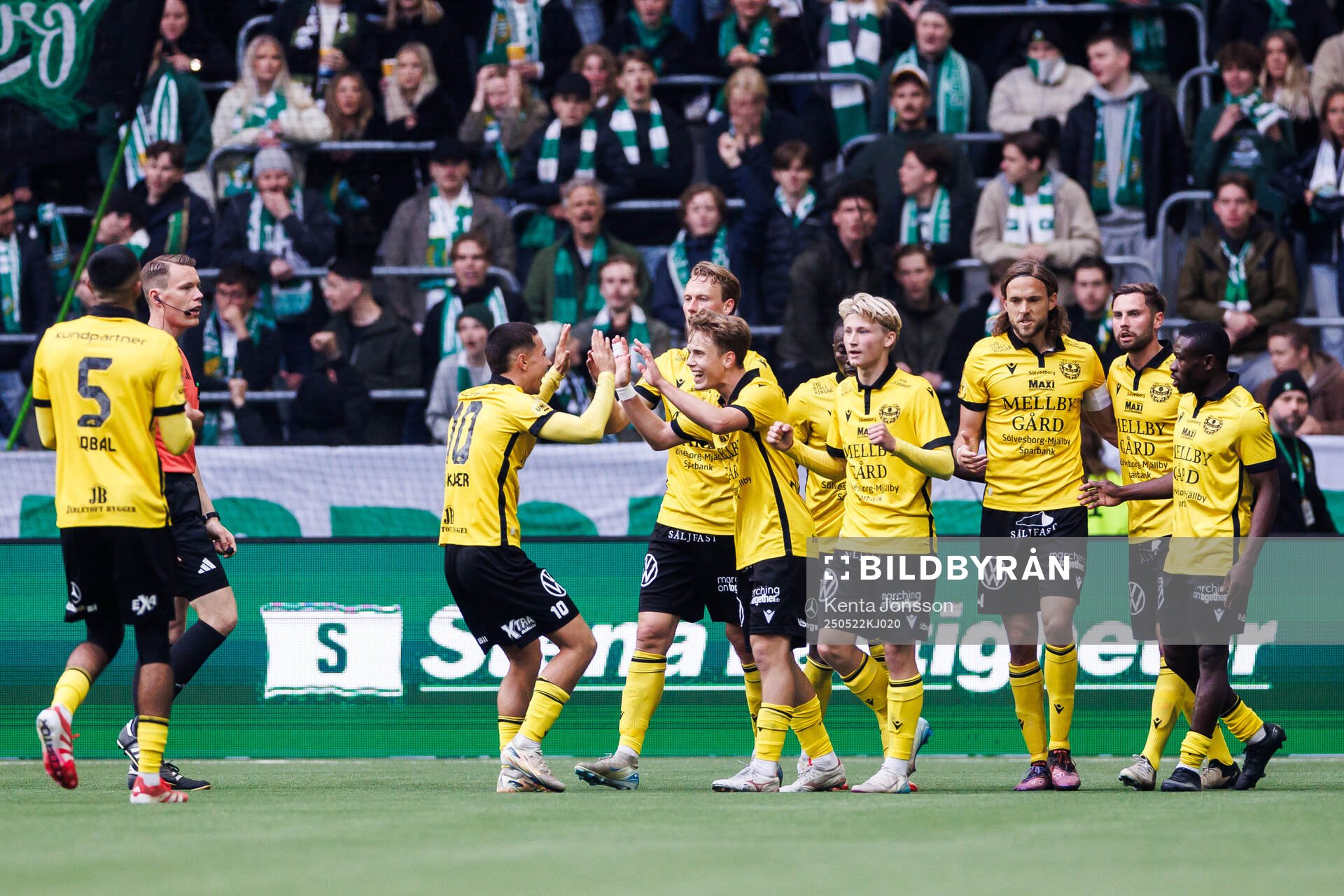 Mjällbys Ludwig Malachowski Thorell jublar med lagkamrater efter 0-1 under fotbollsmatchen i Allsvenskan mellan Hammarby och Mjällby den 22 maj 2025 i Stockholm.
