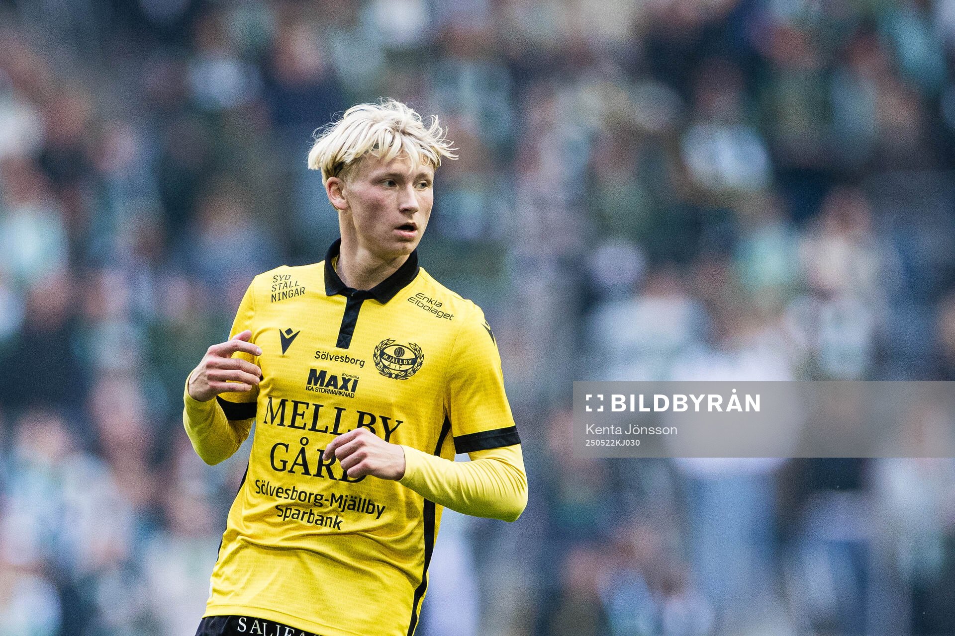 Mjällbys Romeo Leandersson under fotbollsmatchen i Allsvenskan mellan Hammarby och Mjällby den 22 maj 2025 i Stockholm. 