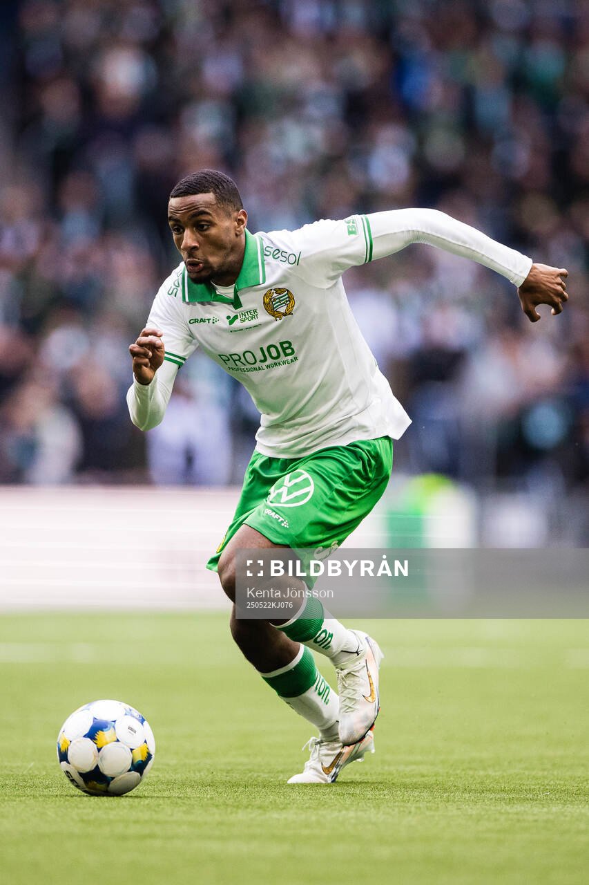  ammarbys Paulos Abraham  under fotbollsmatchen i Allsvenskan mellan Hammarby och Mjällby den 22 maj 2025 i Stockholm. 