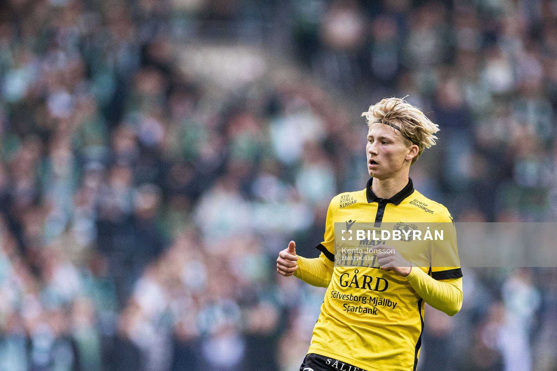 Mjällbys Romeo Leandersson under fotbollsmatchen i Allsvenskan mellan Hammarby och Mjällby den 22 maj 2025 i Stockholm. 