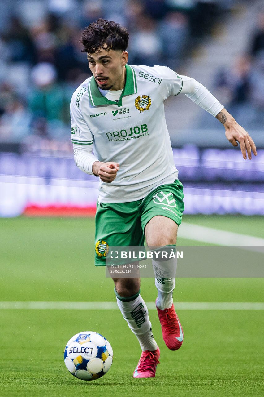 Hammarbys Sebastian Tounekti under fotbollsmatchen i Allsvenskan mellan Hammarby och Mjällby den 22 maj 2025 i Stockholm. 