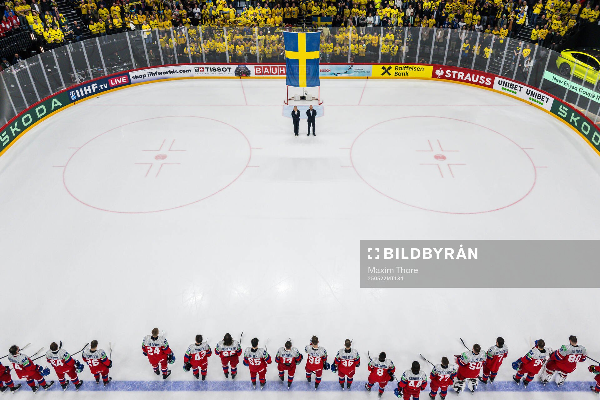 Players of of Czech Republic as the Swedish flag is raised