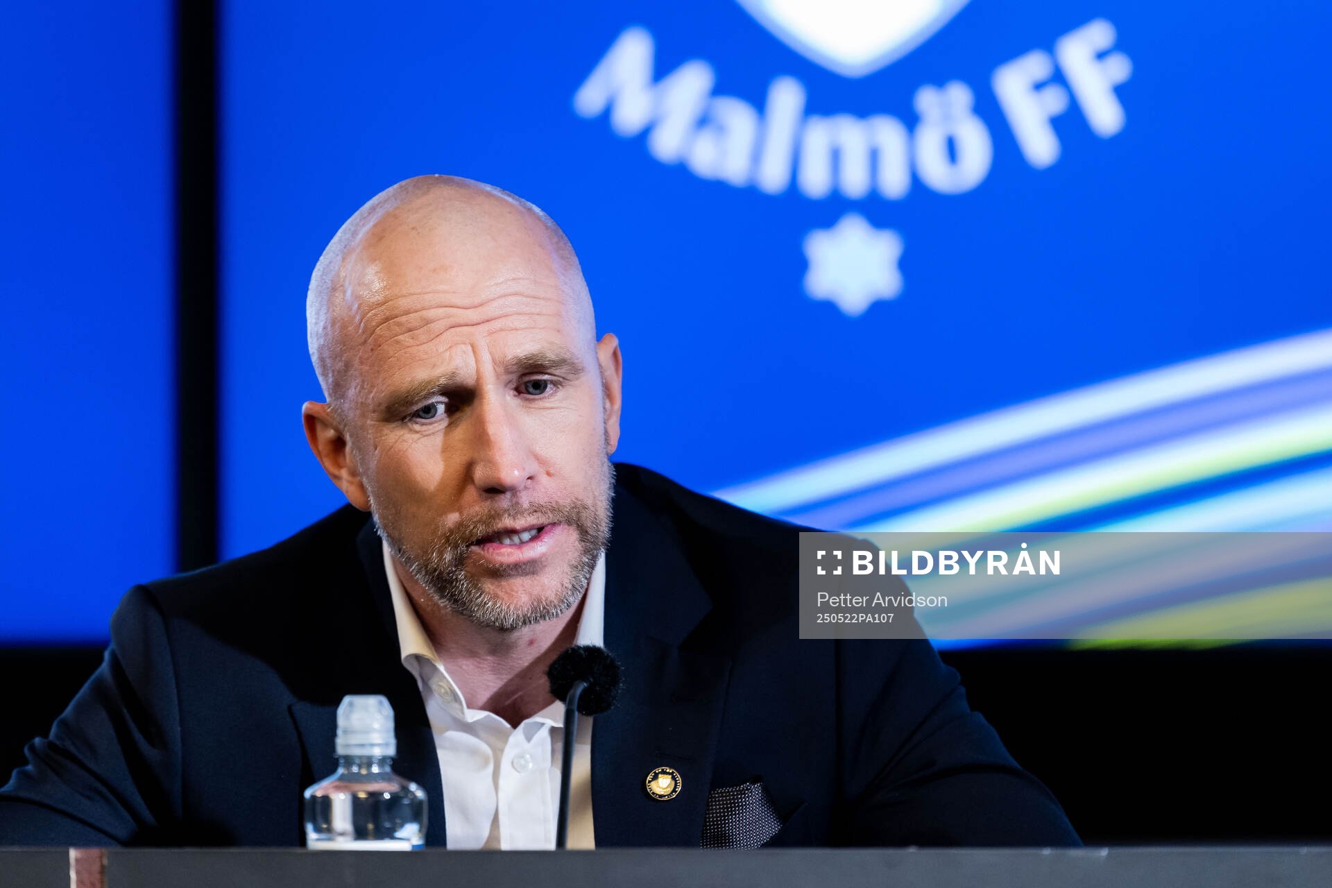 Malmö FFs tränare Henrik Rydström under presskonferensen efter fotbollsmatchen i Allsvenskan mellan Malmö FF och AIK den 22 maj 2025 i Malmö.