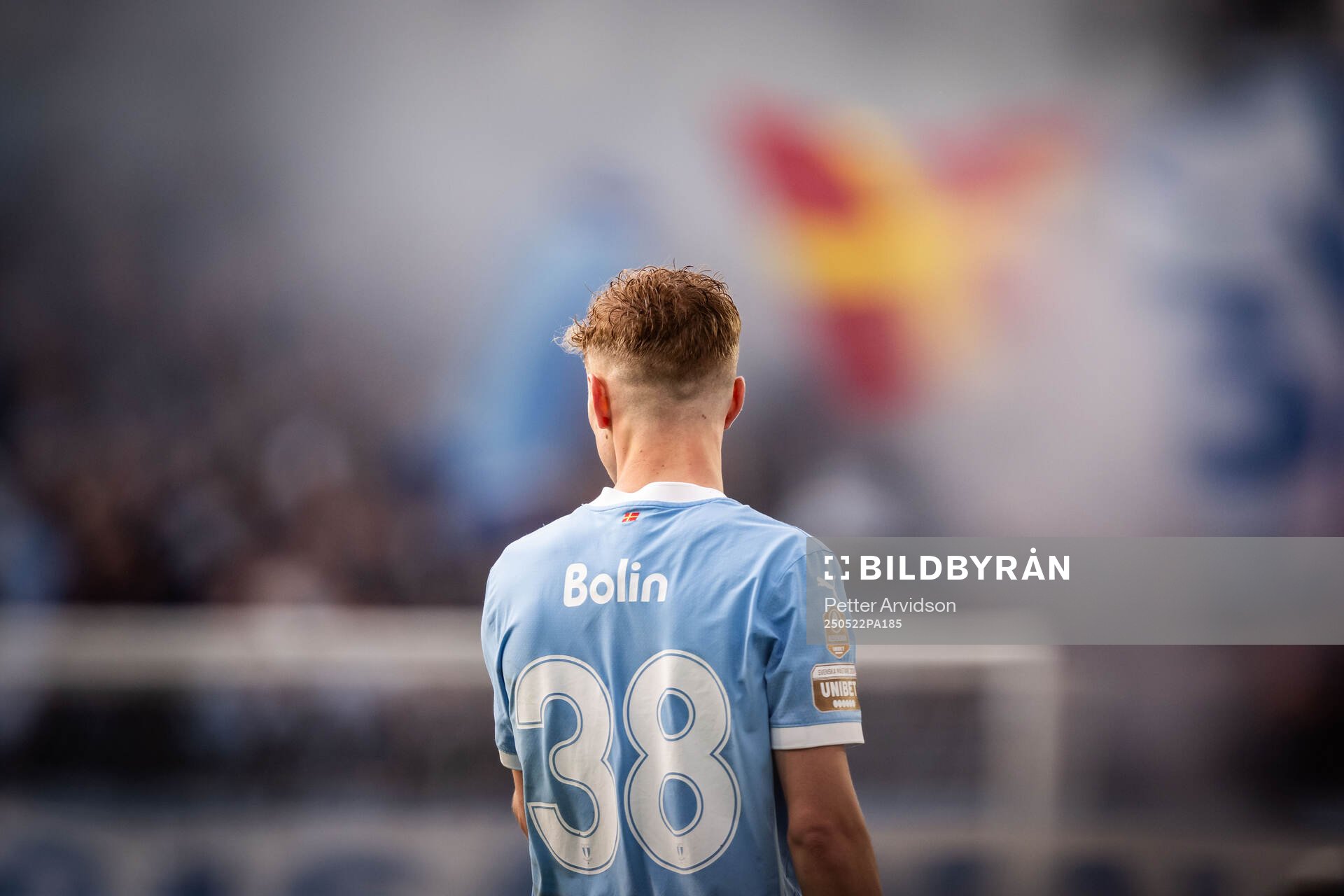 Malmö FFs Hugo Bolin under fotbollsmatchen i Allsvenskan mellan Malmö FF och AIK den 22 maj 2025 i Malmö. 