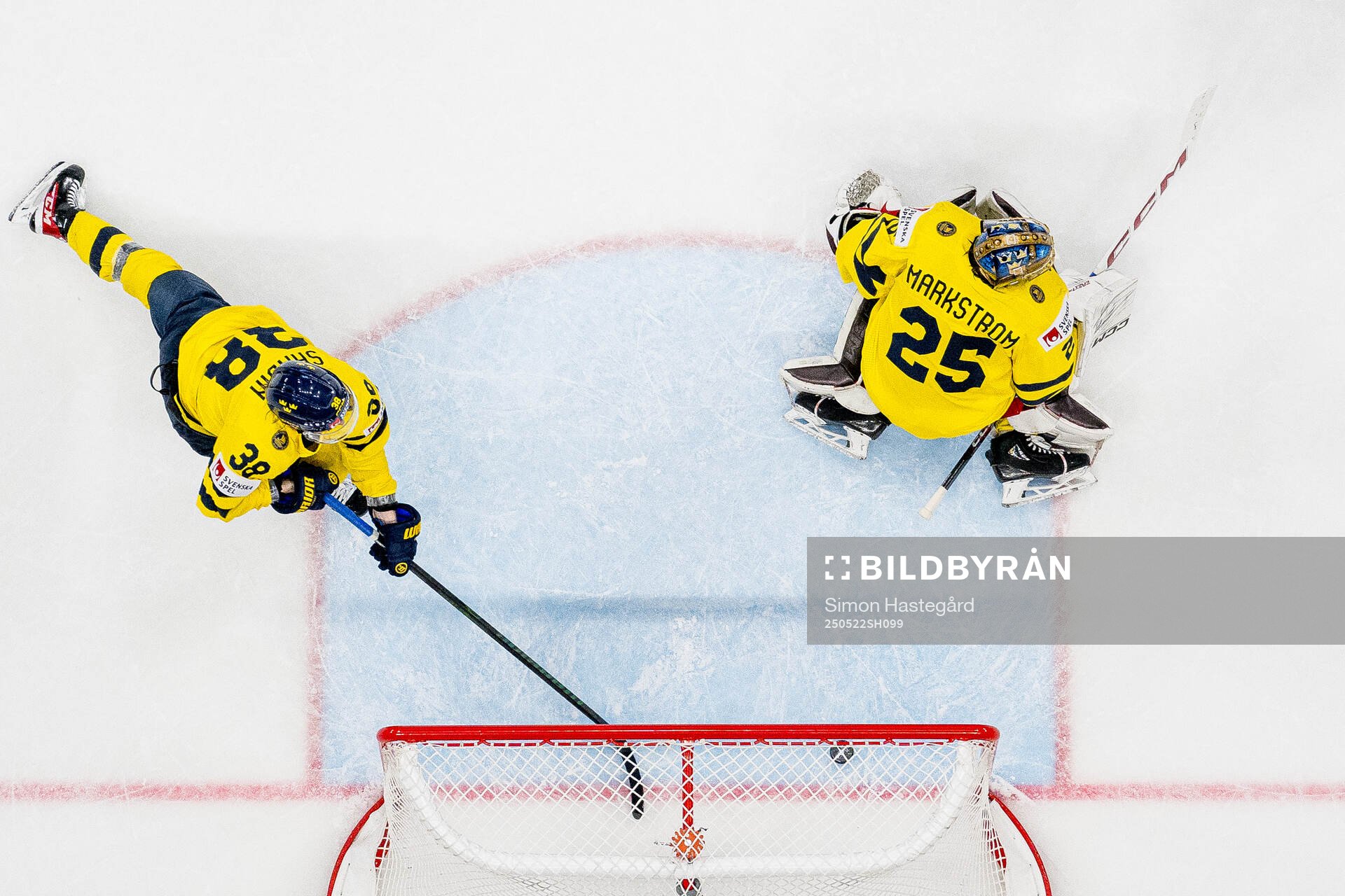 Rasmus Sandin with a save behind goaltender Jacob