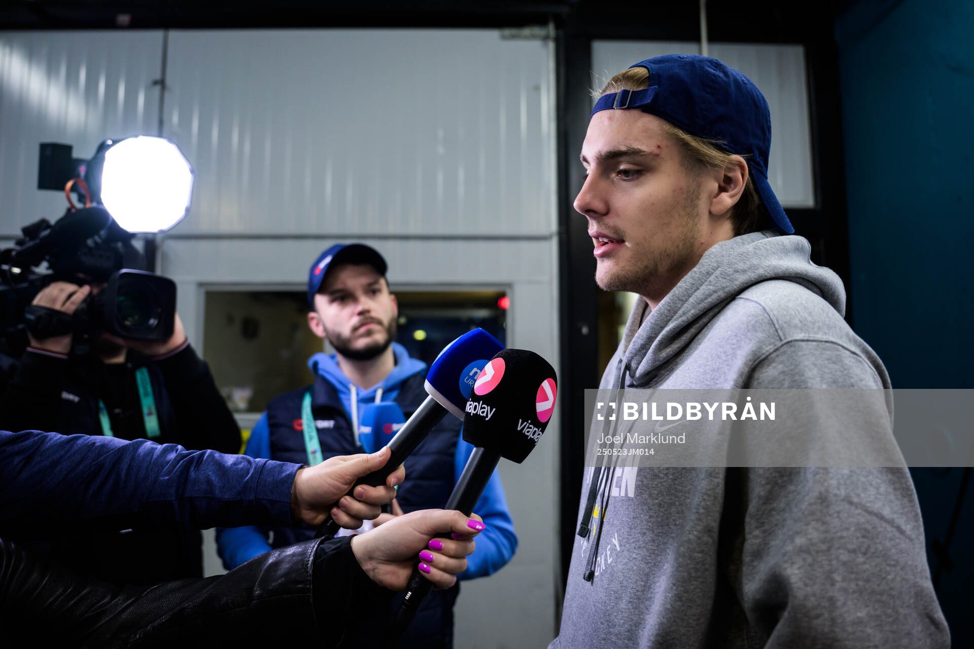 Leo Carlsson of Sweden is being interviewed by media at a