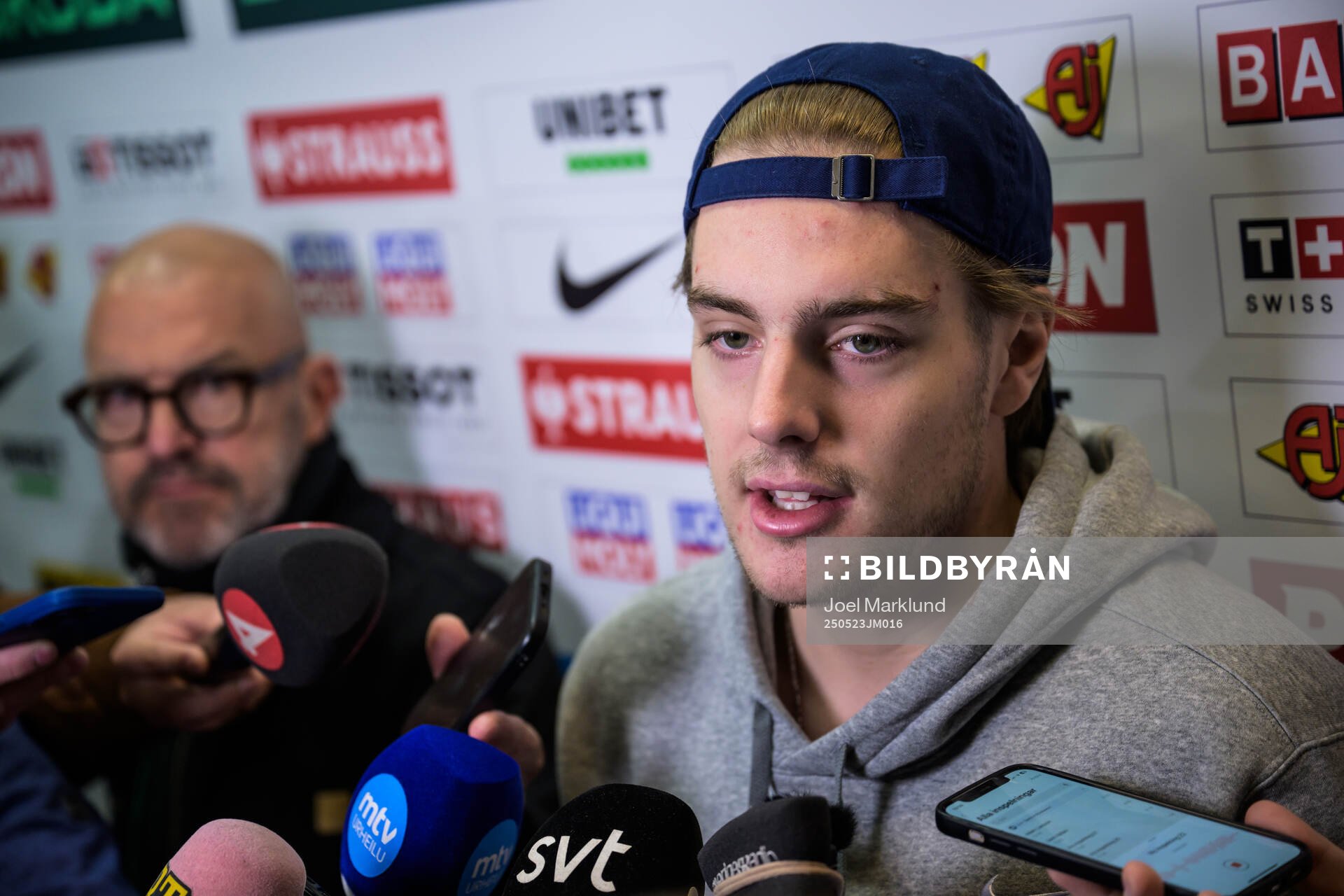 Leo Carlsson of Sweden is being interviewed by media at a