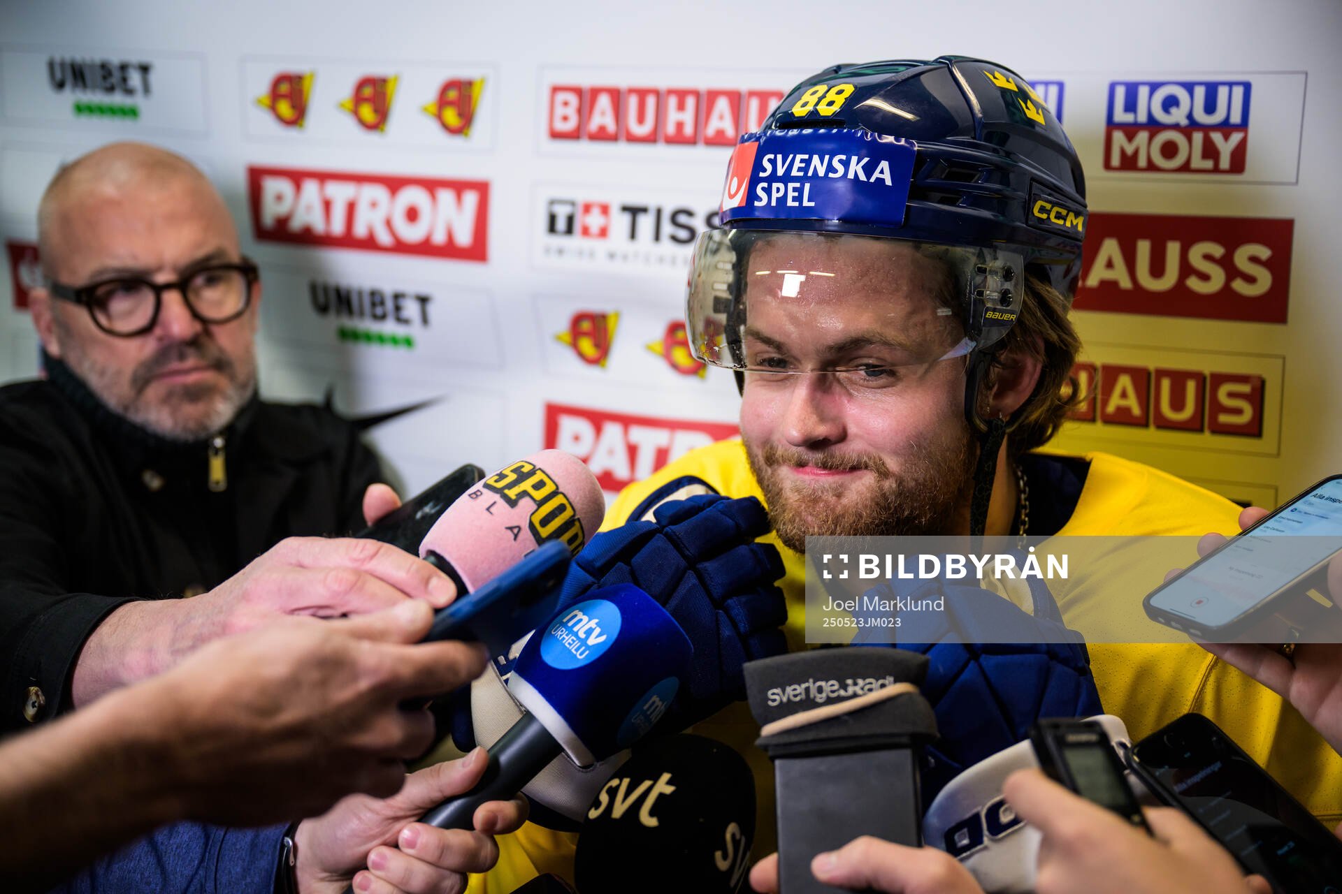 William Nylander of Sweden is being interviewed by media at