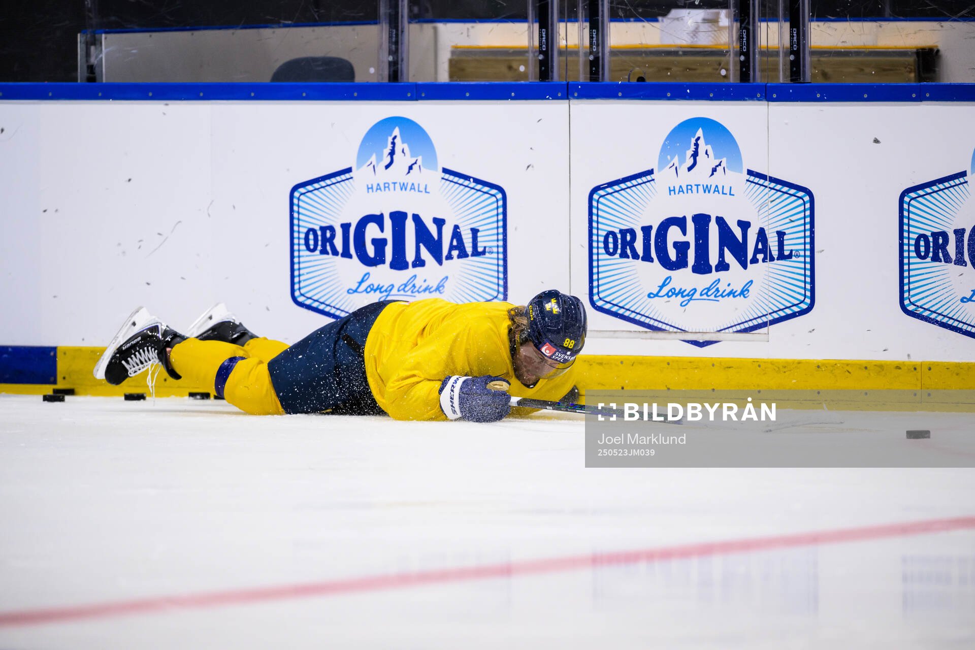 William Nylander of Sweden slips at a practice session