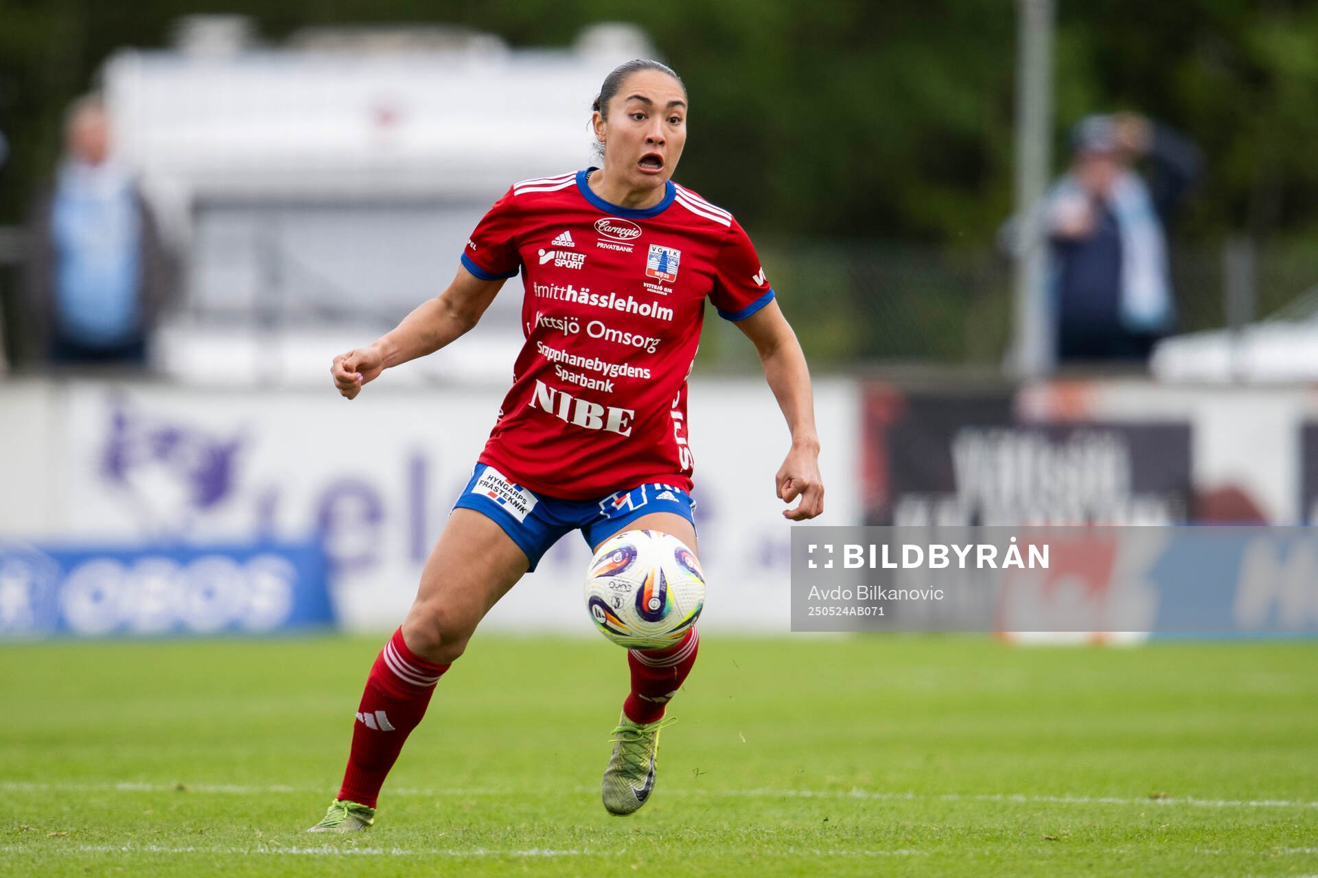 Vittsjös Jaida Nyby under fotbollsmatchen i Damallsvenskan mellan Vittsjö och Malmö FF den 24 maj 2025 i Vittsjö. 