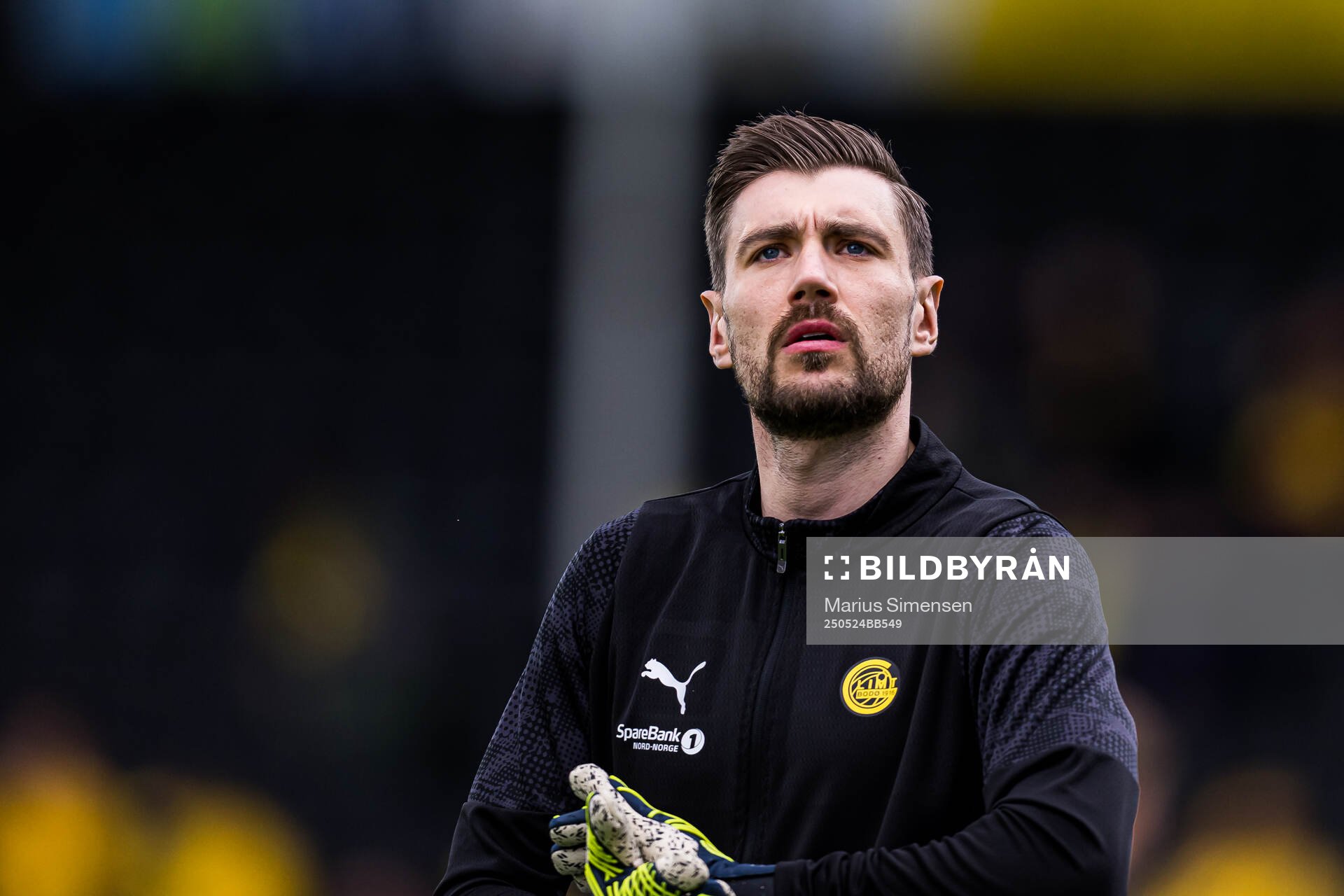 Nikita Haikin of Bodø/Glimt warms up ahead of the Eliteserien match between Bodø/Glimt and Rosenborg on May 24, 2025 in Bodø.