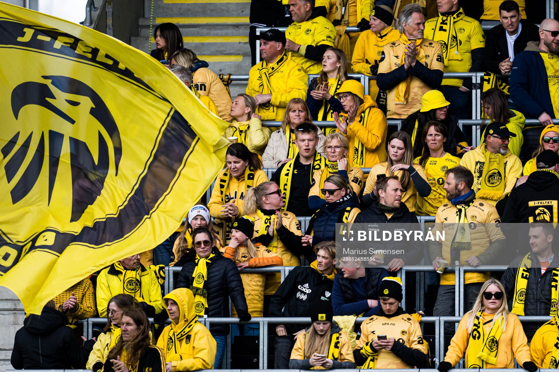 Spectators in the stands ahead of the Eliteserien match between Bodø/Glimt and Rosenborg on May 24, 2025 in Bodø.