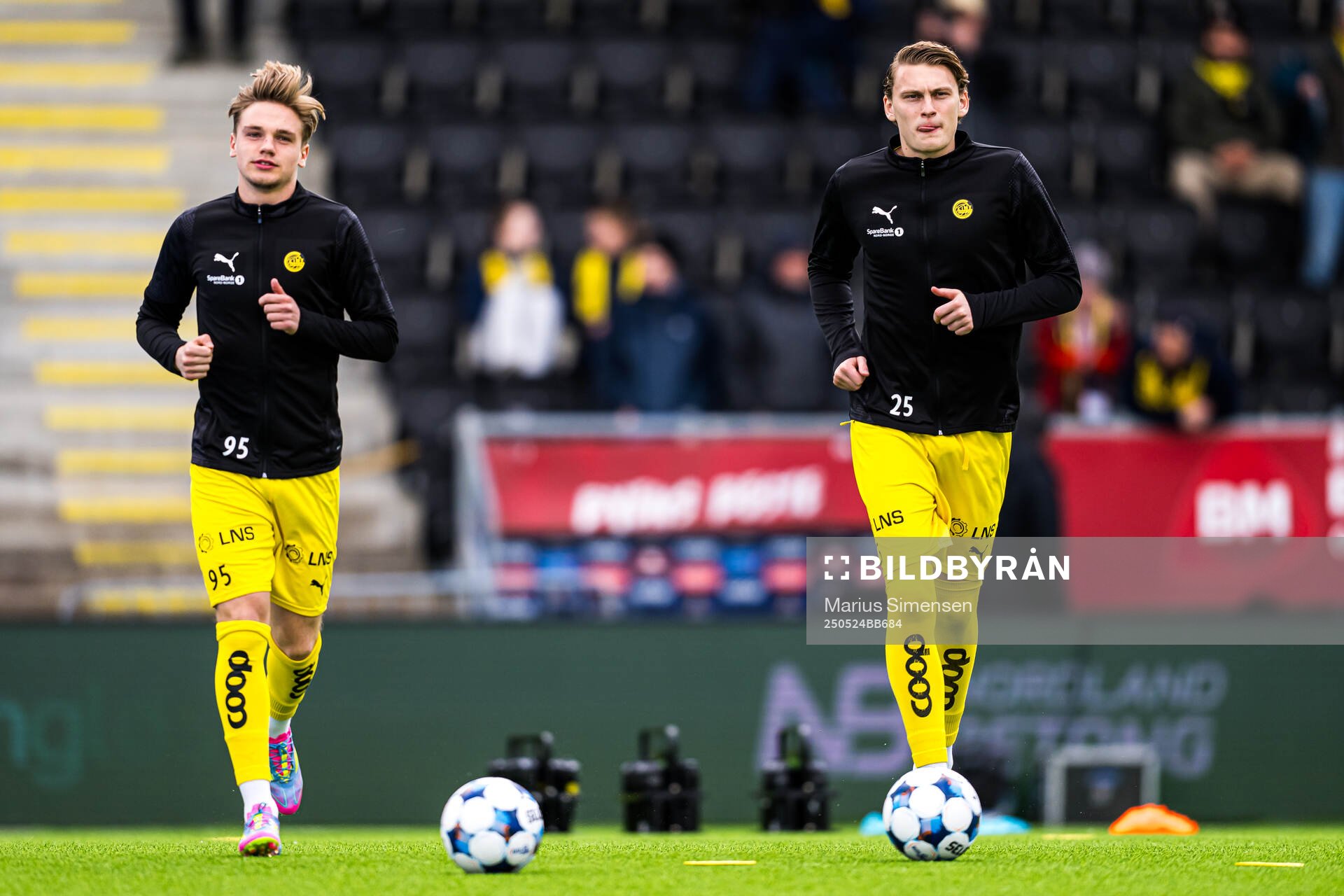 Jeppe Kjær and Isak Dybvik Määttä of Bodø/Glimt warms up ahead of the Eliteserien match between Bodø/Glimt and Rosenborg on May 24, 2025 in Bodø.