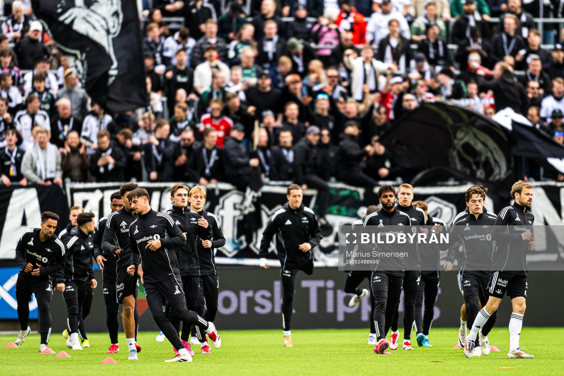 Marius Sivertsen Broholm, Emil Konradsen Ceide, Sverre Halseth Nypan and Iver Tobias Rørvik Fossum of Rosenborg warms up ahead of the Eliteserien match between Bodø/Glimt and Rosenborg on May 24, 2025 in Bodø.