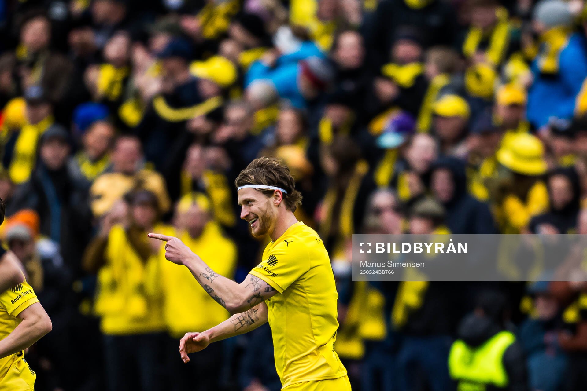 Kasper Høgh of Bodø/Glimt celebrates after scoring the 1-0 goal during the Eliteserien match between Bodø/Glimt and Rosenborg on May 24, 2025 in Bodø.