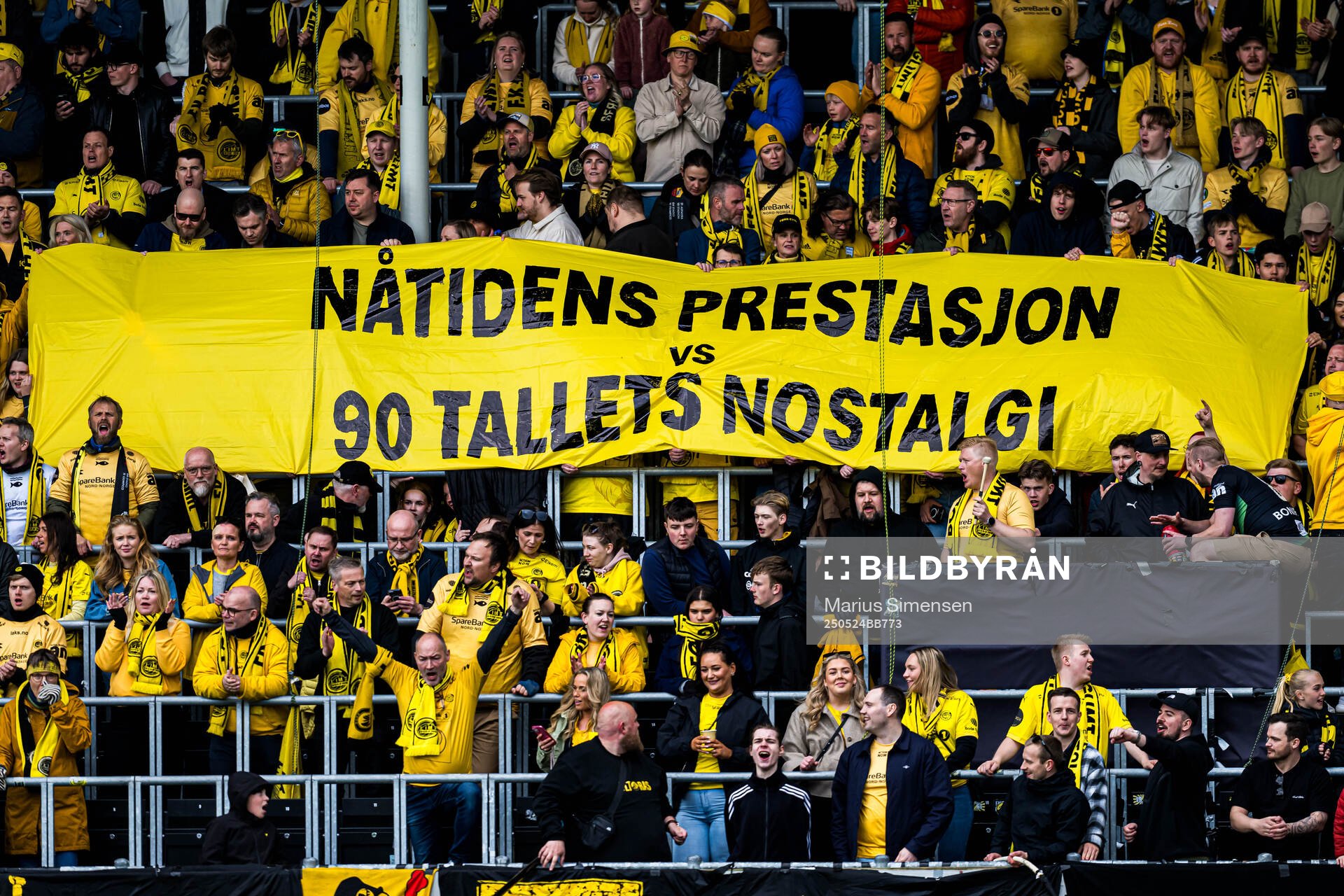 Spectators in the stands during the Eliteserien match between Bodø/Glimt and Rosenborg on May 24, 2025 in Bodø.