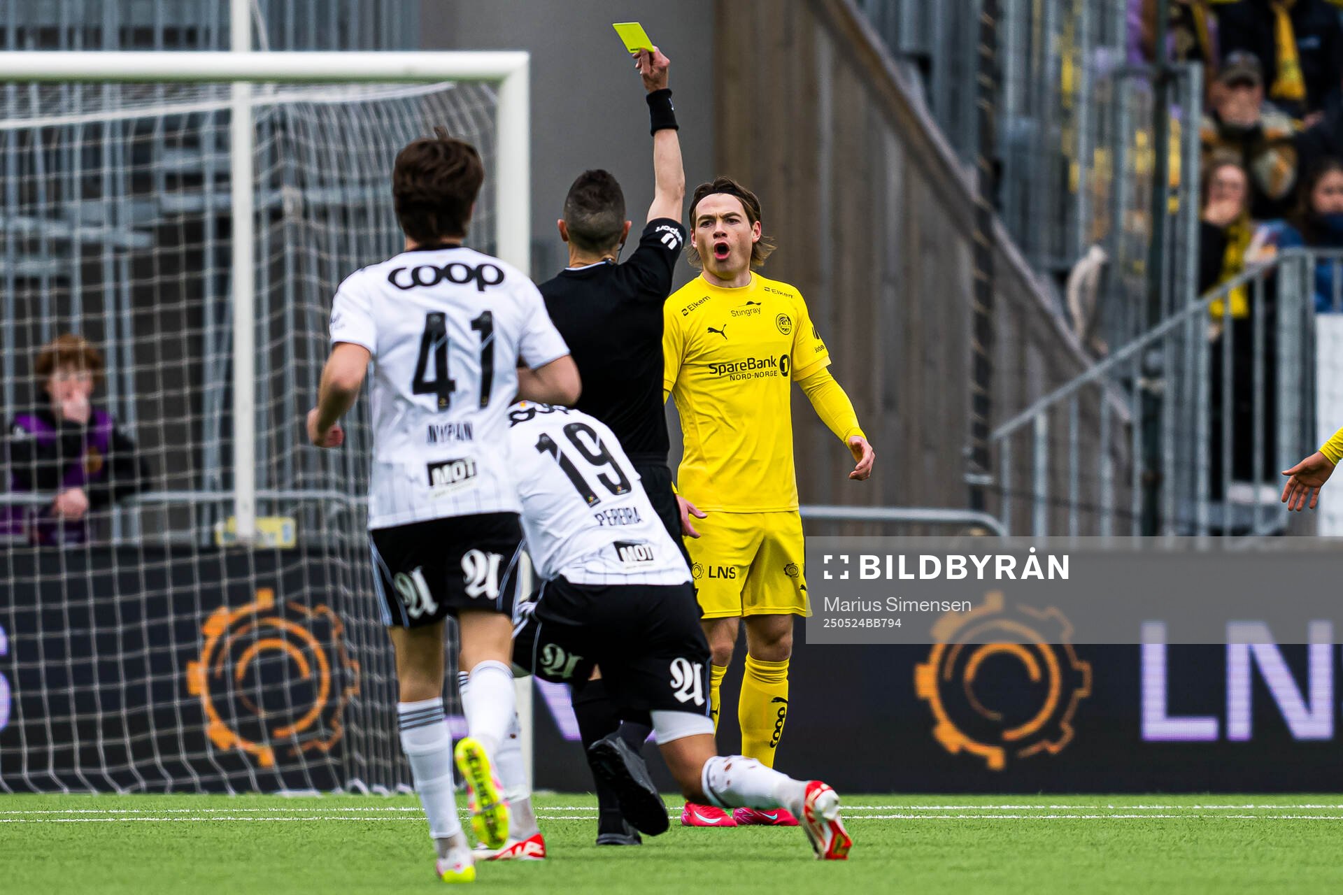 Patrick Berg of Bodø/Glimt after receiving a yellow card during the Eliteserien match between Bodø/Glimt and Rosenborg on May 24, 2025 in Bodø.
