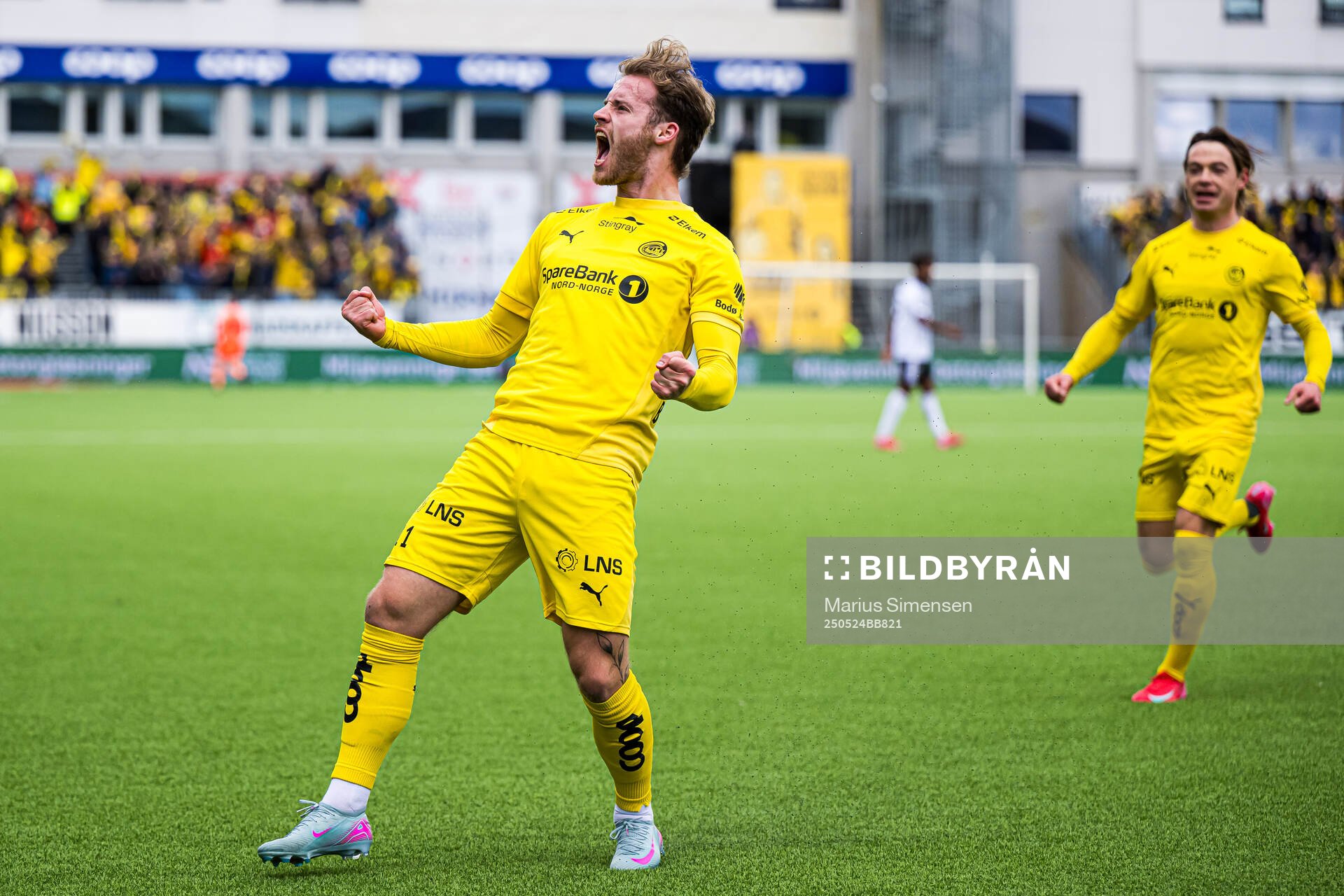Ole Didrik Blomberg of Bodø/Glimt celebrates after scoring the 2-0 goal during the Eliteserien match between Bodø/Glimt and Rosenborg on May 24, 2025 in Bodø.