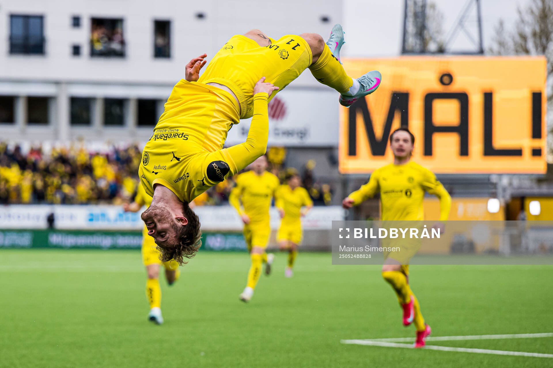 Ole Didrik Blomberg of Bodø/Glimt celebrates after scoring the 2-0 goal during the Eliteserien match between Bodø/Glimt and Rosenborg on May 24, 2025 in Bodø.
