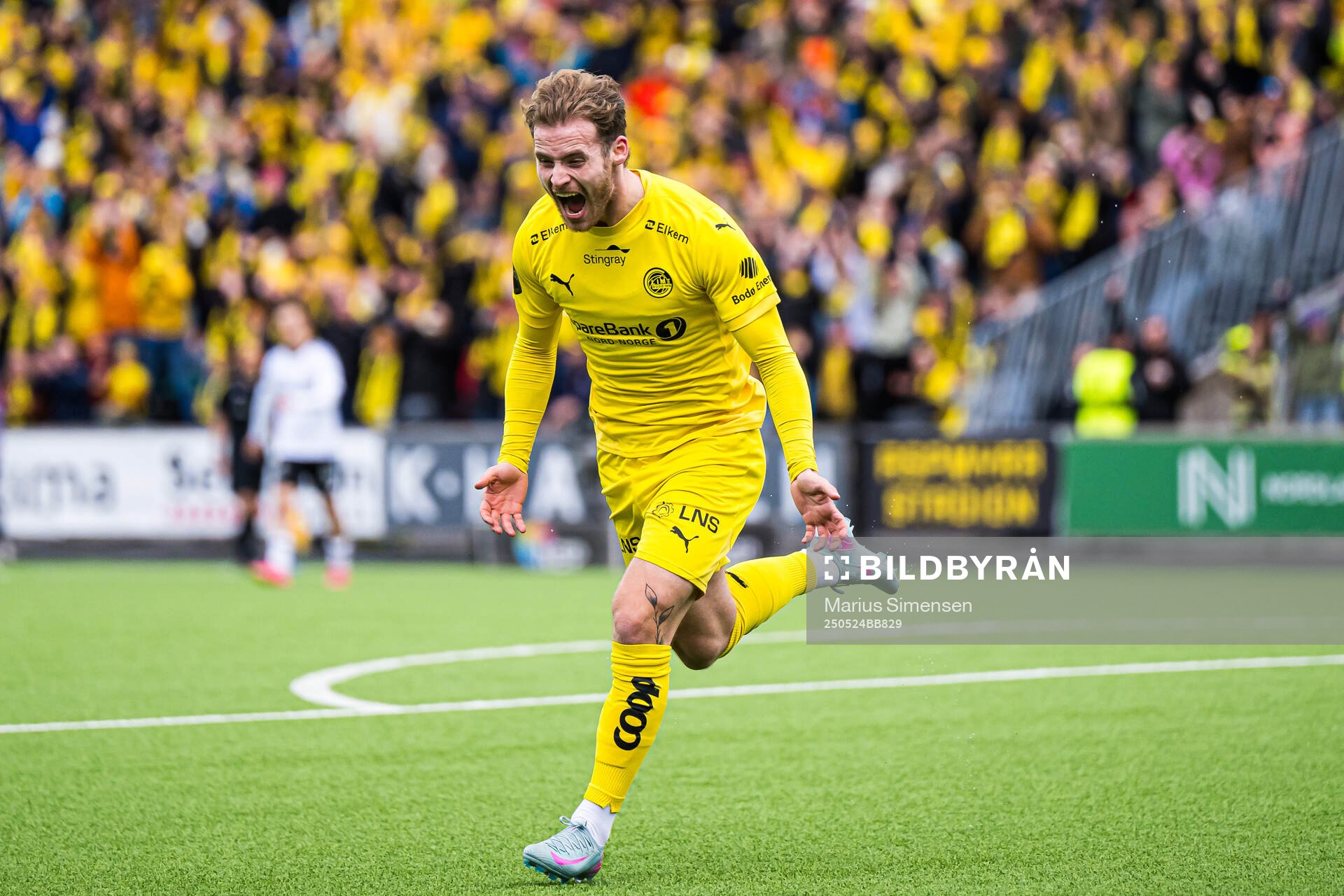 Ole Didrik Blomberg of Bodø/Glimt celebrates after scoring the 2-0 goal during the Eliteserien match between Bodø/Glimt and Rosenborg on May 24, 2025 in Bodø.