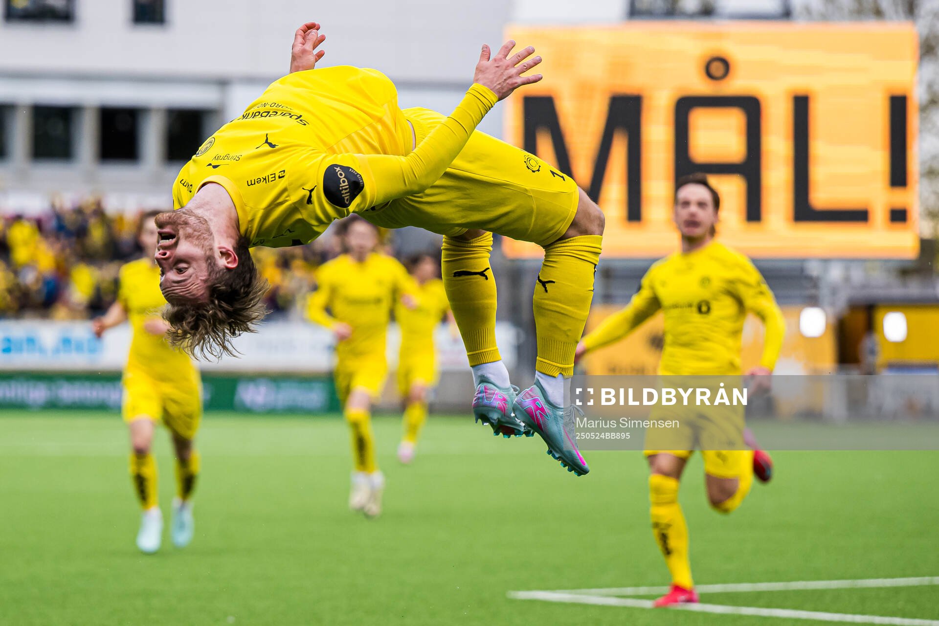 Ole Didrik Blomberg of Bodø/Glimt celebrates after scoring the 2-0 goal during the Eliteserien match between Bodø/Glimt and Rosenborg on May 24, 2025 in Bodø.