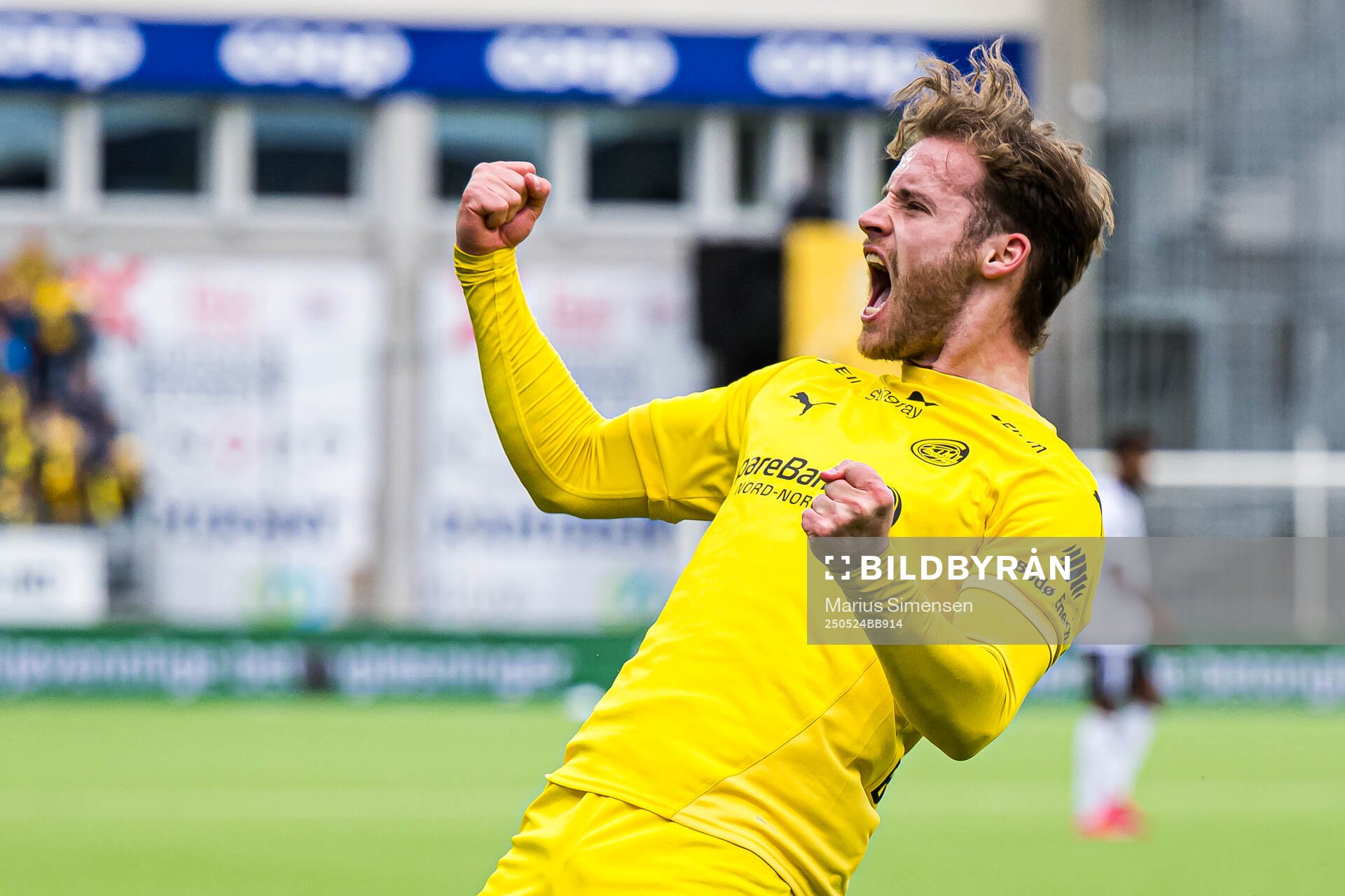 Ole Didrik Blomberg of Bodø/Glimt celebrates after scoring the 2-0 goal during the Eliteserien match between Bodø/Glimt and Rosenborg on May 24, 2025 in Bodø.