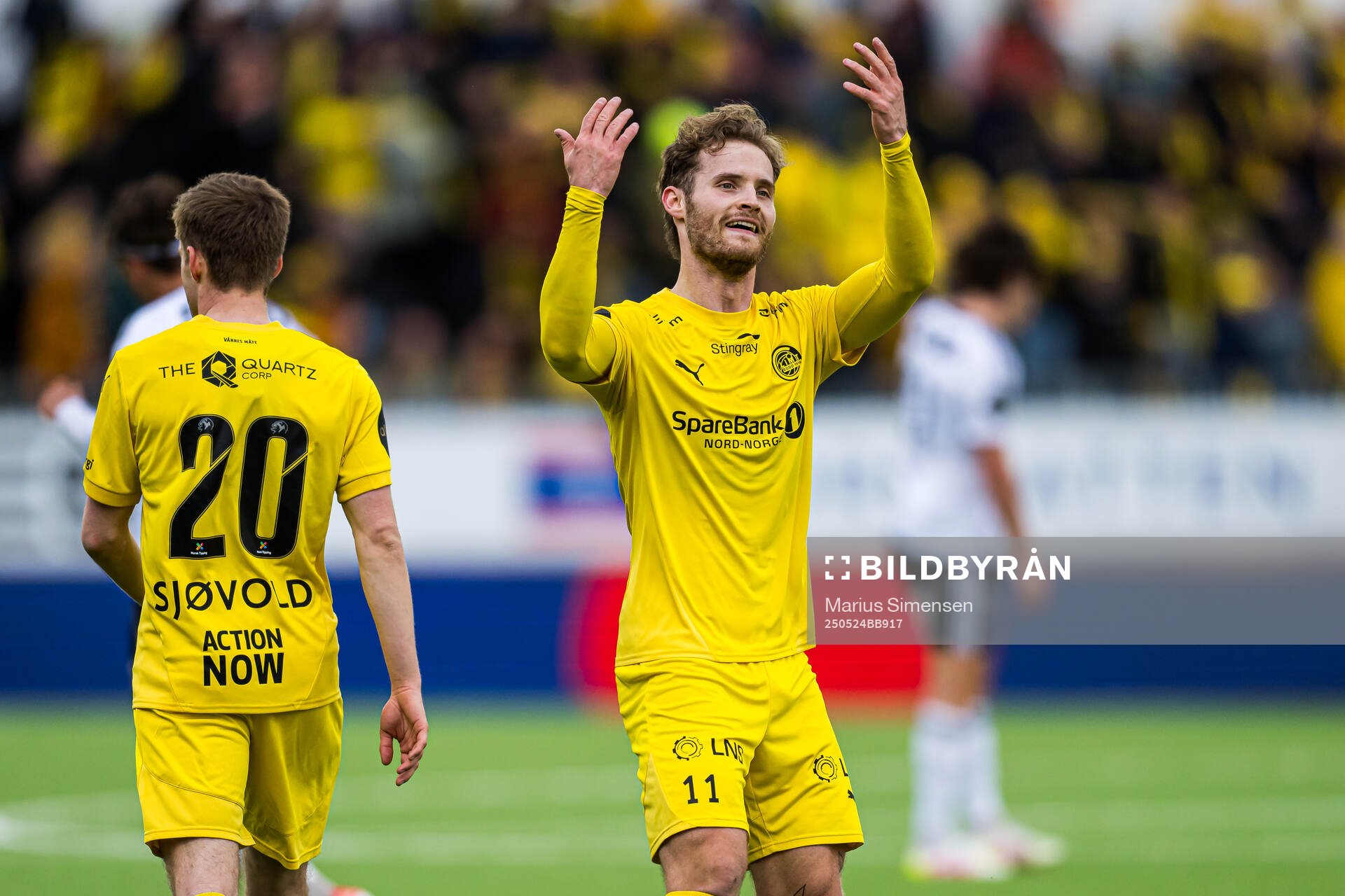 Ole Didrik Blomberg of Bodø/Glimt celebrates after scoring the 3-0 goal during the Eliteserien match between Bodø/Glimt and Rosenborg on May 24, 2025 in Bodø.