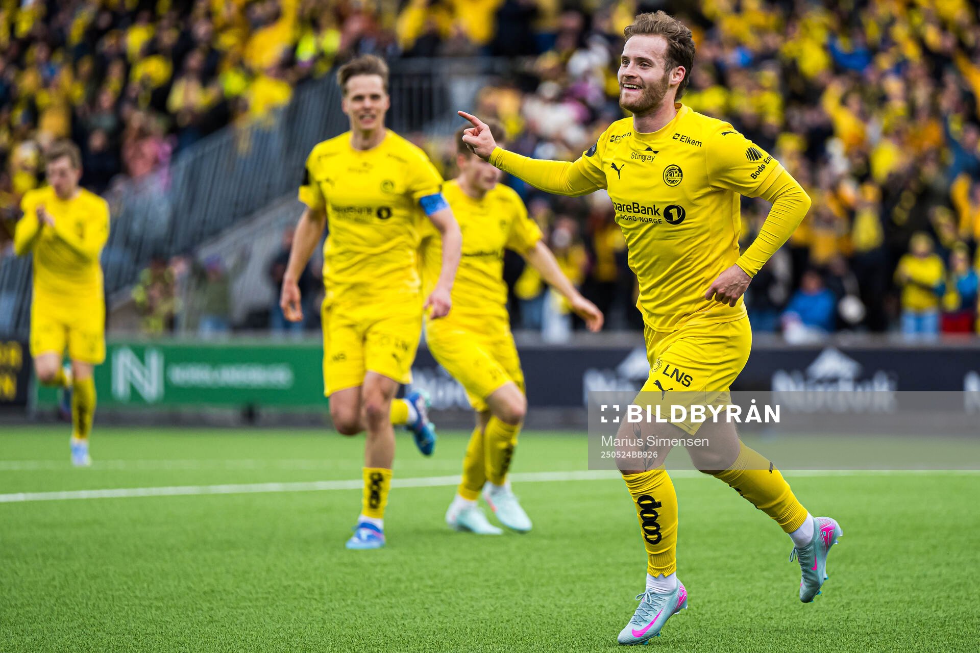 Ole Didrik Blomberg of Bodø/Glimt celebrates after scoring the 3-0 goal during the Eliteserien match between Bodø/Glimt and Rosenborg on May 24, 2025 in Bodø.