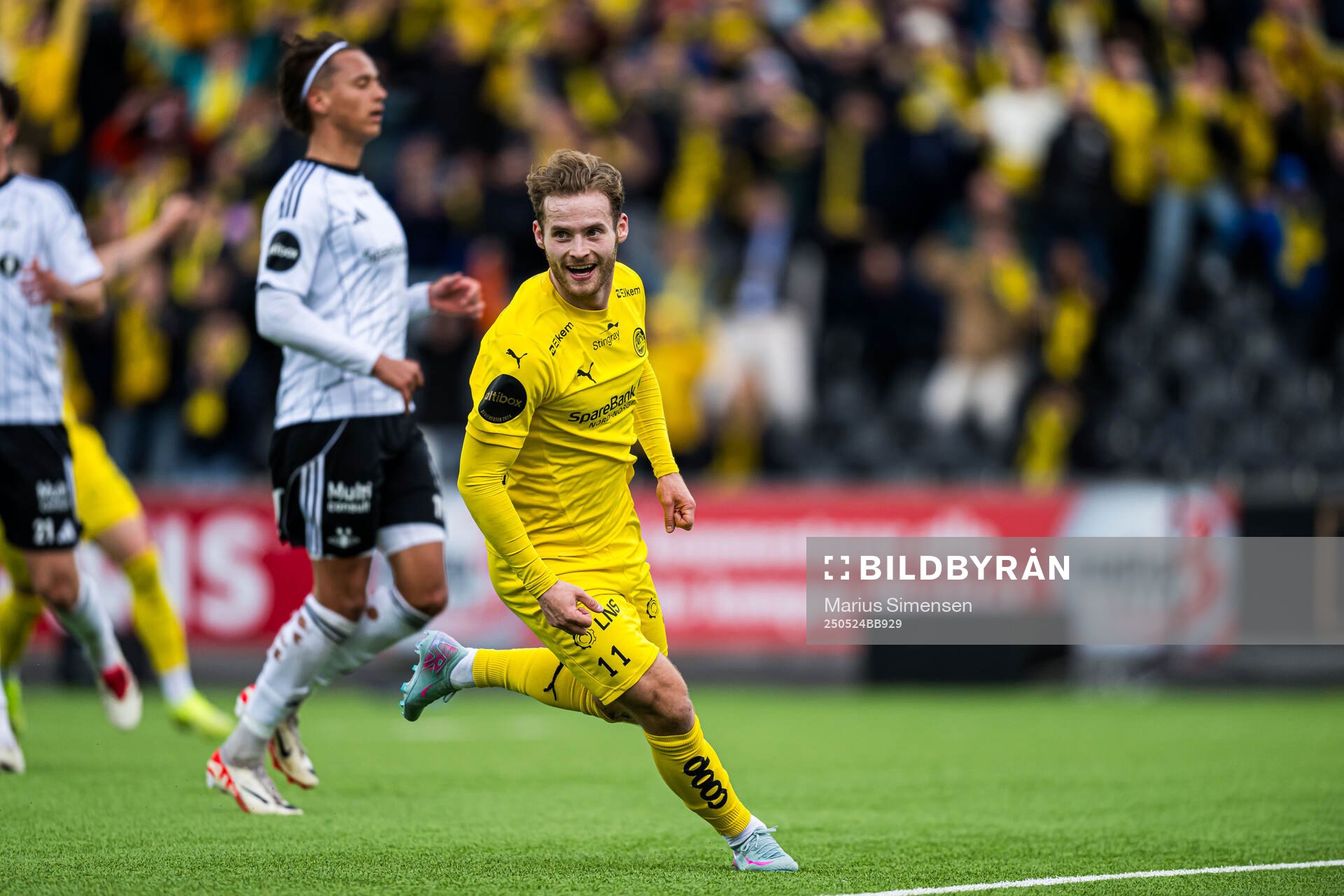 Ole Didrik Blomberg of Bodø/Glimt celebrates after scoring the 3-0 goal during the Eliteserien match between Bodø/Glimt and Rosenborg on May 24, 2025 in Bodø.