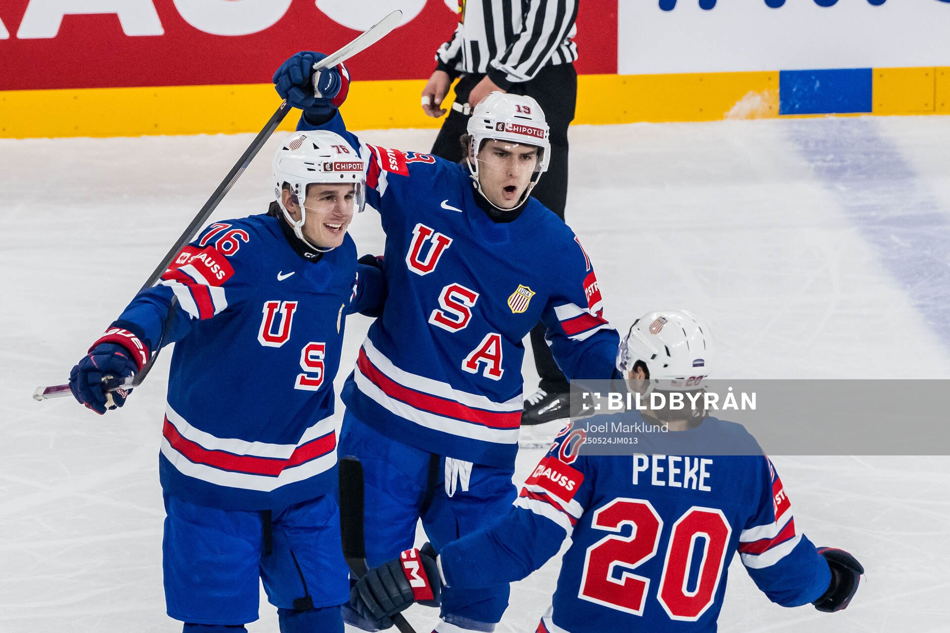 Brady Skjei, Cutter Gauthier, and Andrew Peeke of USA