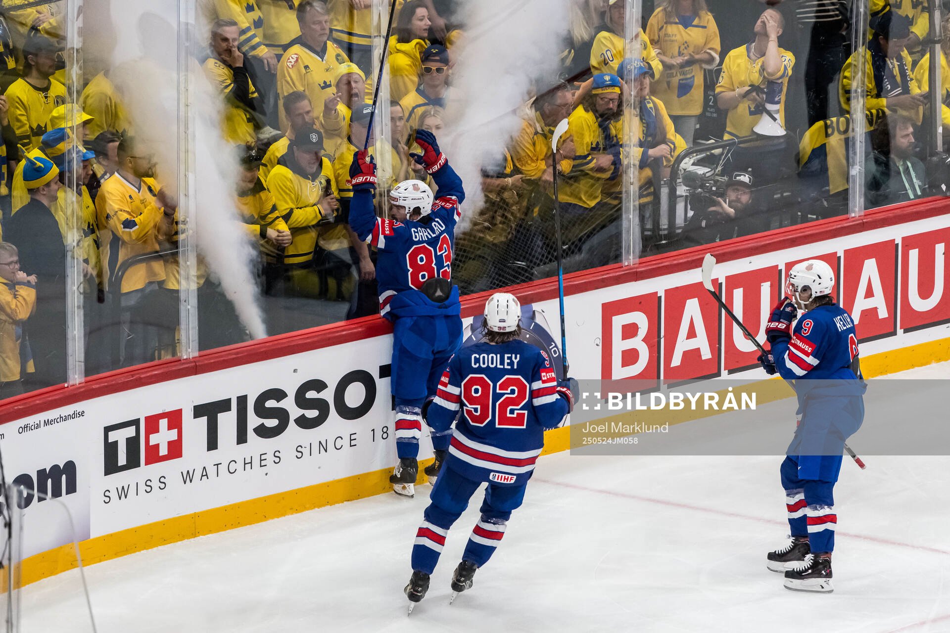 Conor Garland, Logan Cooley, and Clayton Keller of USA