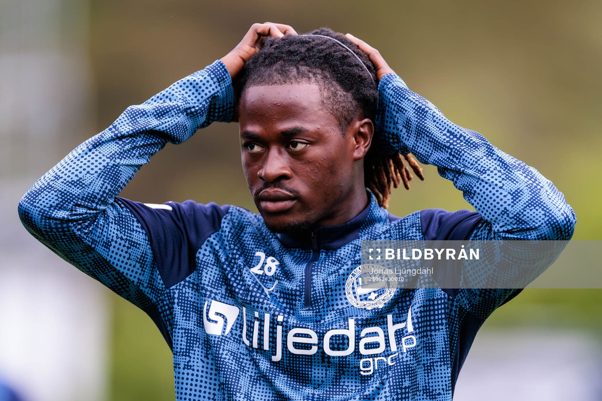 Värnamos Frank Junior Agyei inför fotbollsmatchen i Allsvenskan mellan Värnamo och Öster den 24 maj 2025 i Värnamo. 
