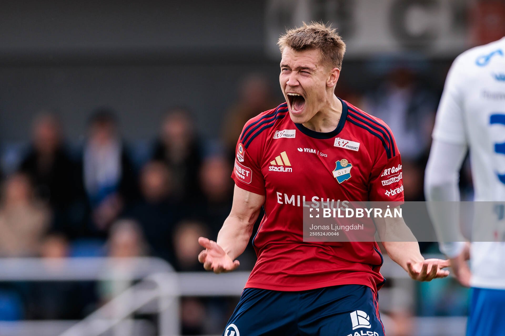 Östers Matias Tamminen reagerar under fotbollsmatchen i Allsvenskan mellan Värnamo och Öster den 24 maj 2025 i Värnamo. 