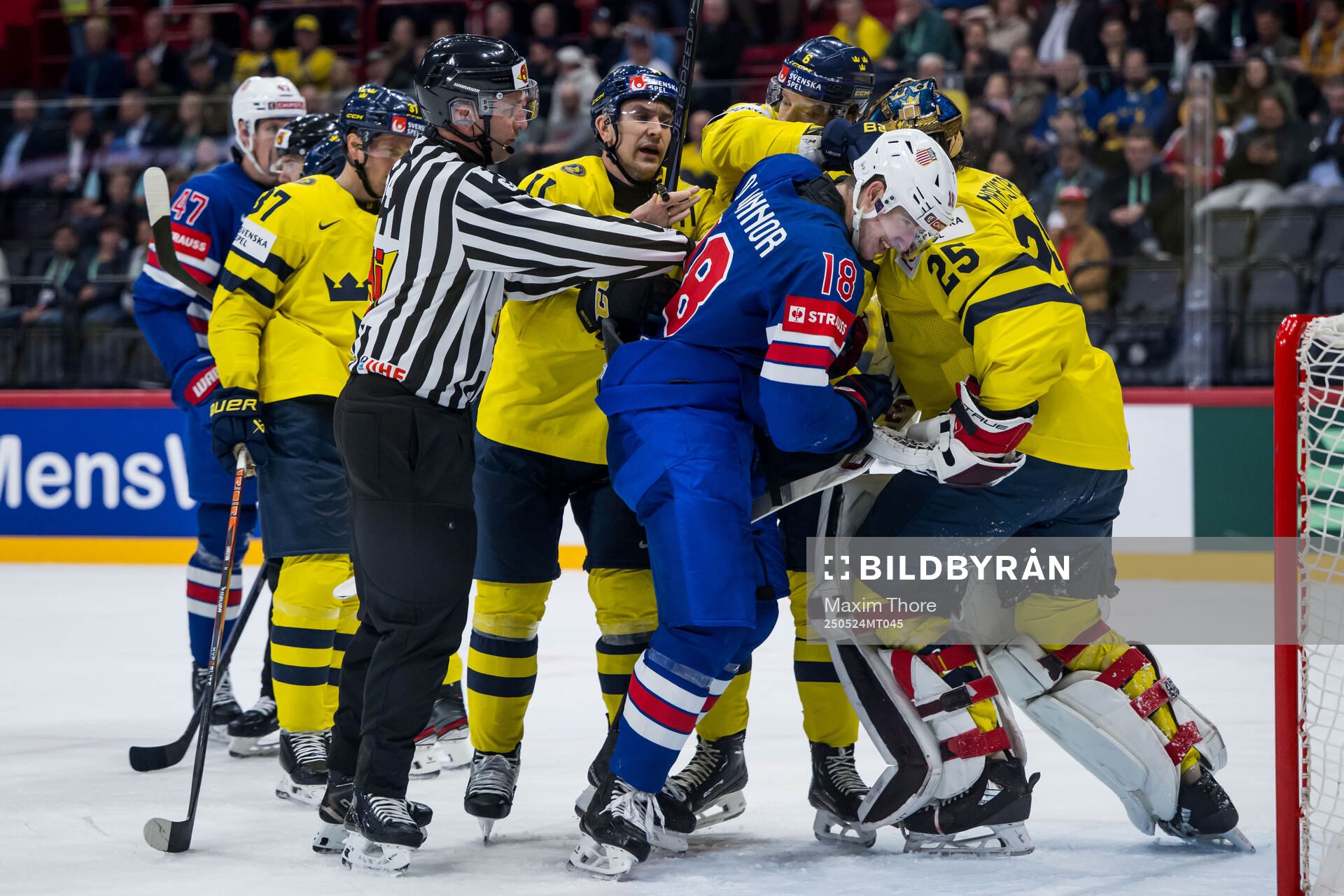 Mikael Backlund and Adam Larsson of Sweden against Drew