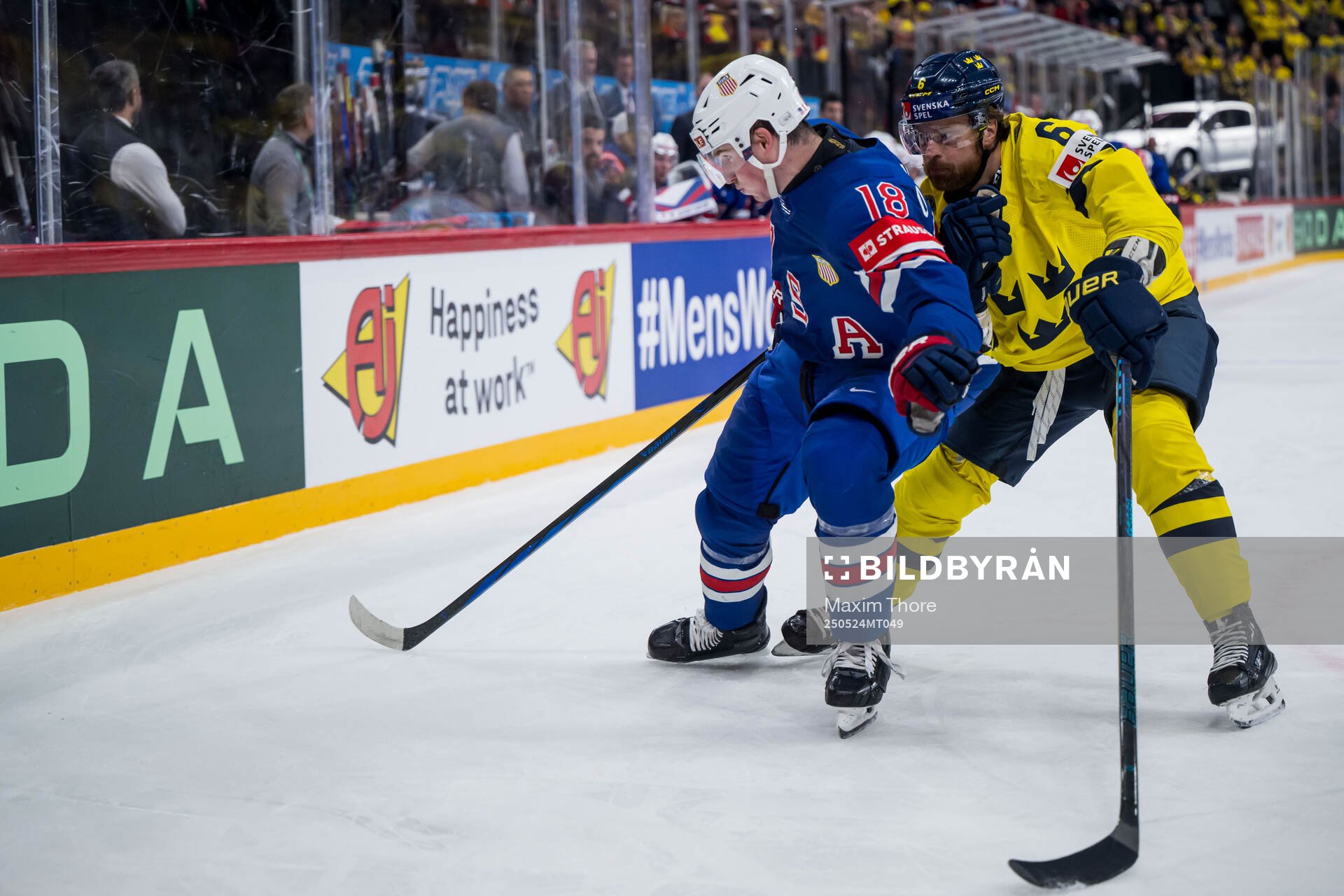 Drew O'Connor of USA and Adam Larsson of Sweden