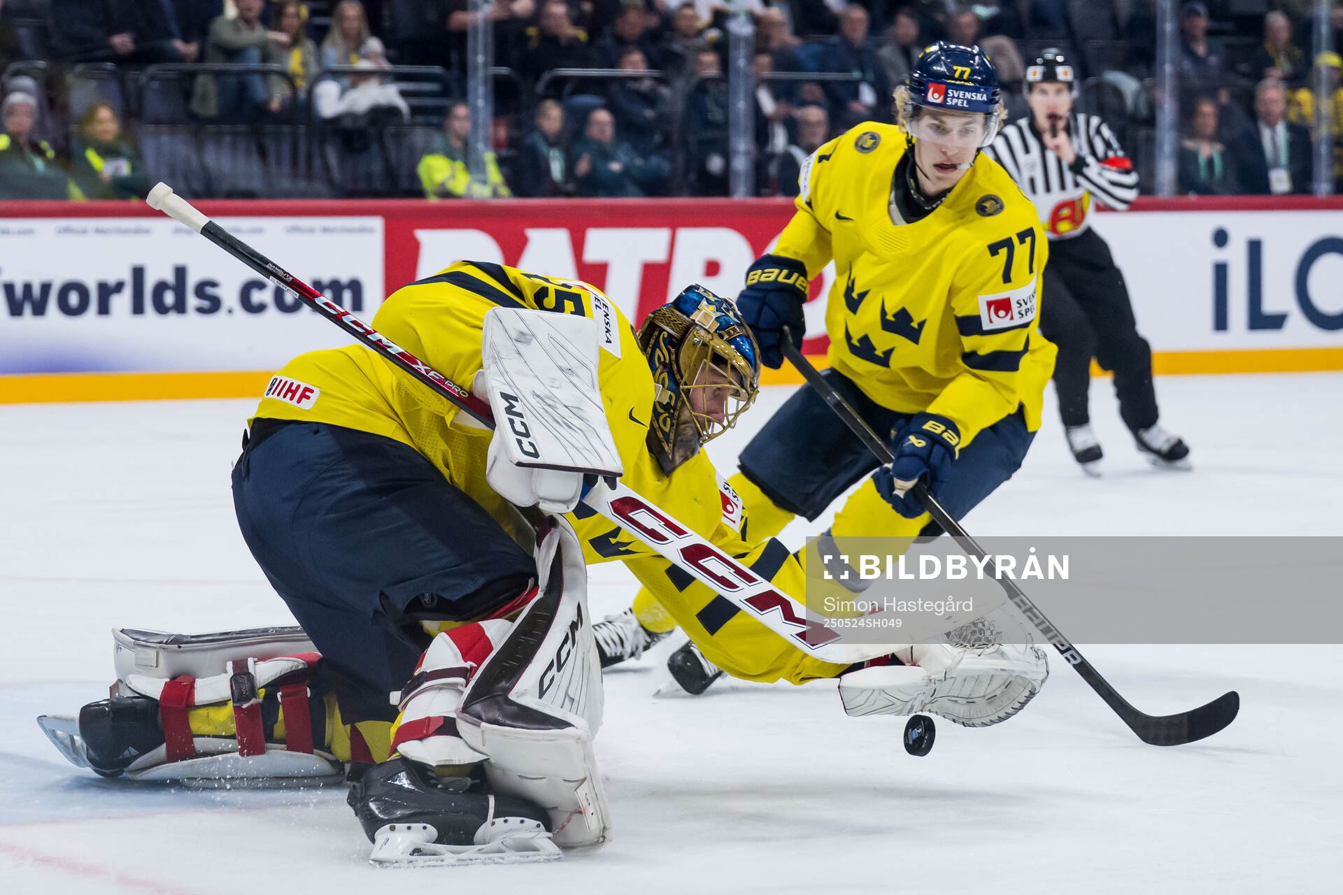 Goaltender Jacob Markström and Simon Edvinsson of Sweden