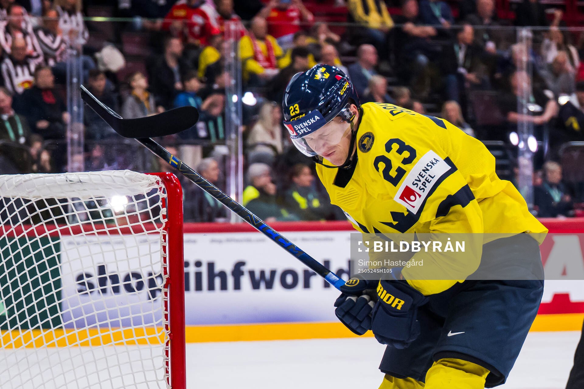 Lucas Raymond of Sweden breaks his stick